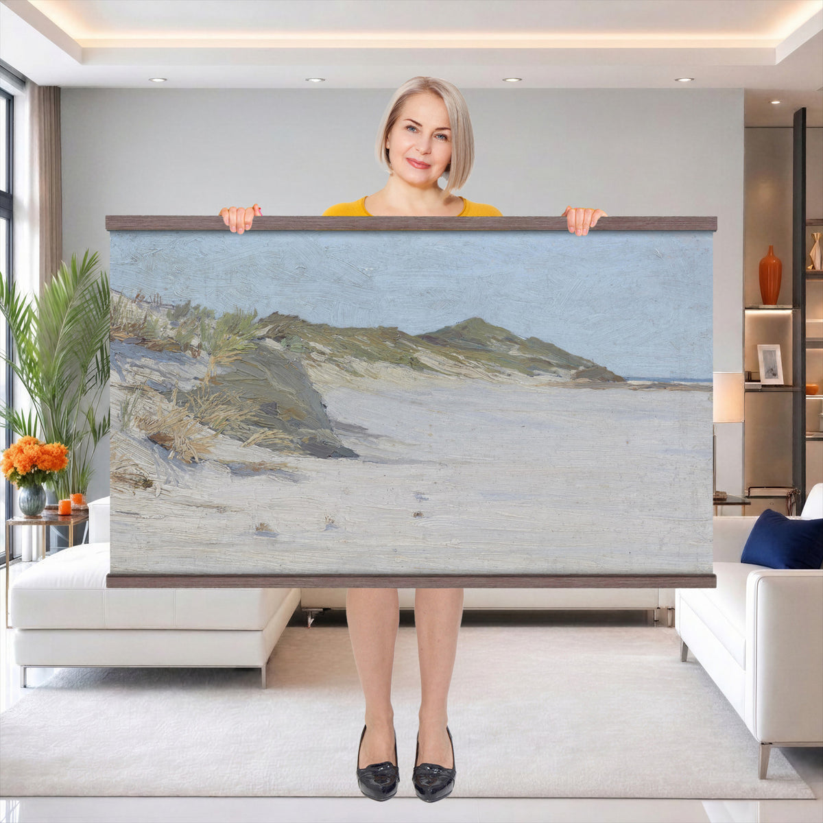 74023087-MGV-TP-30X20 - Impressionism oil painting tapestry wall hanging of "Beach Dunes" by Max Clarenbach, showing low rolling sand dunes topped with pale beach grass, opening toward a quiet sea under a wide soft sky in pale sand tones and dune grass under a wide soft blue-grey sky. Extra large wall art, made in the USA.