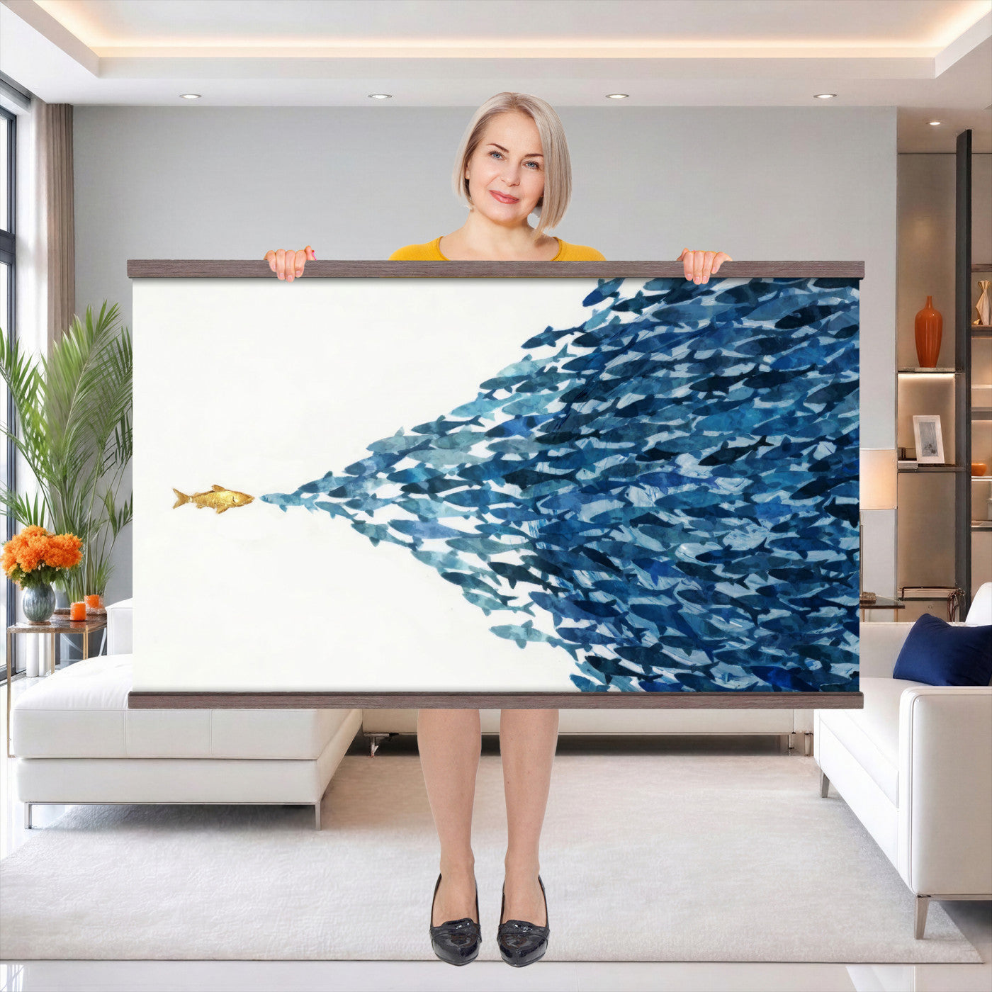 79089639TT-MGV-TP-30X20 - Abstract Blue Fish School Canvas Wall Art, Gold Foil Accent Marine Print