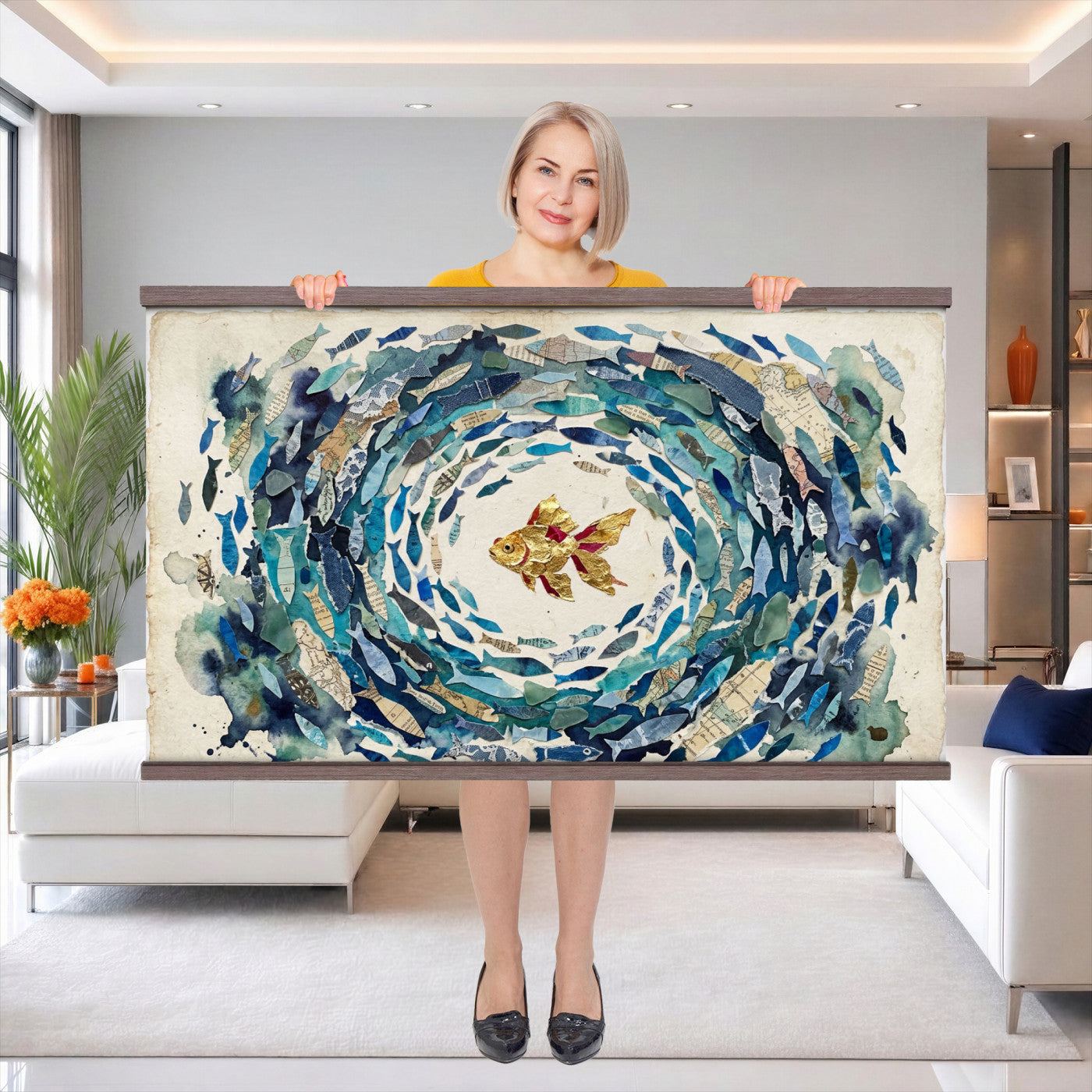 73165663TT-MGV-TP-30X20 - Mixed Media Blue Fish Swirl Canvas Wall Art, Goldfish Collage Ocean Print