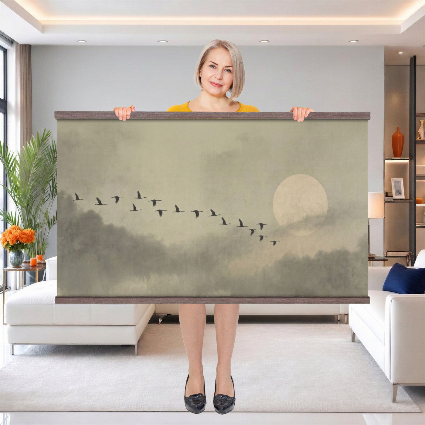 1209814BT-MGV-TP-30X20 - Flying Cranes Tapestry Wall Art, Misty Landscape with Moon, Sage Green Japandi Decor, Framed Print