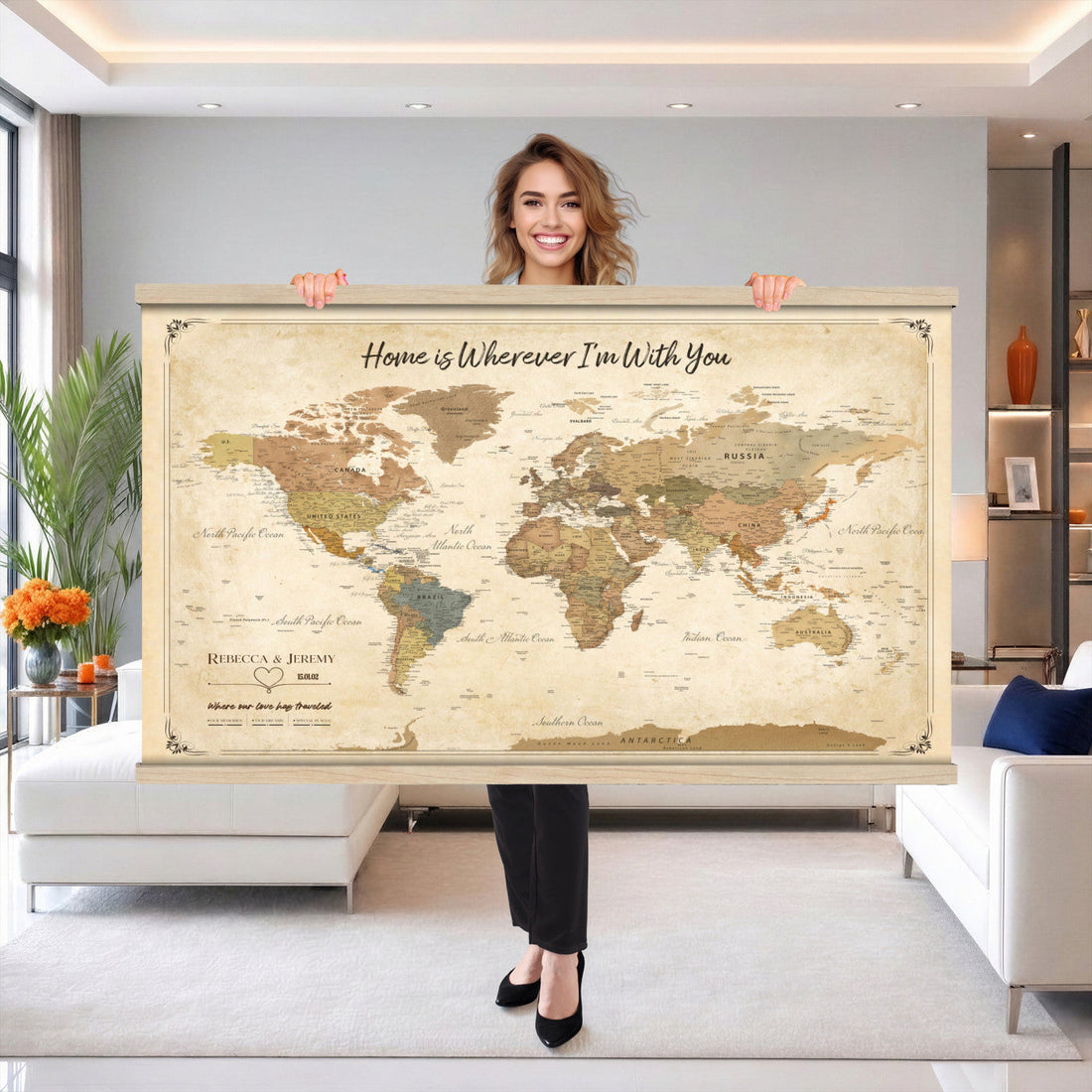 Personalized Framed Blue Push Pin World Map Wall Art, Bucket List Map, Dining Room and Study Decor