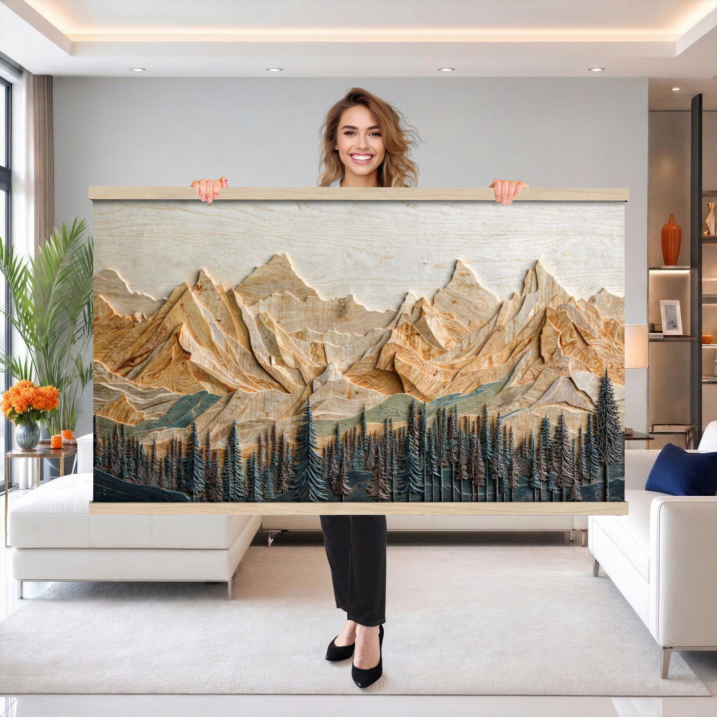 66676213-MGV-TP-30X20 - Geometric Wood Mountain Wall Art Canvas Print, 3D Look Rustic Mosaic Landscape Print