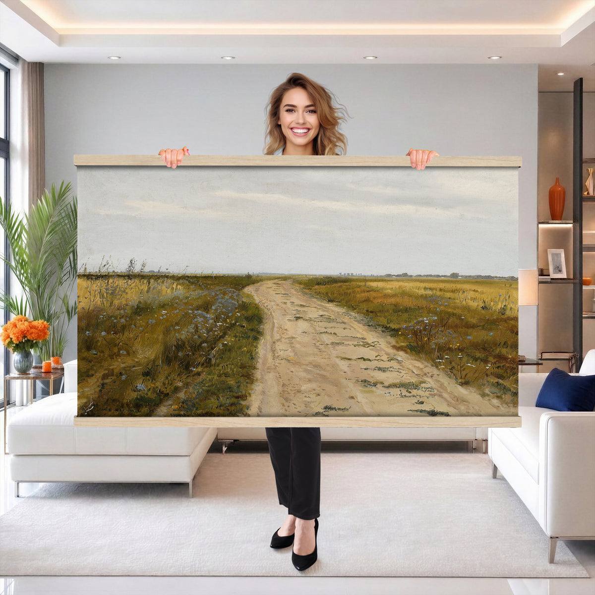 93198256-MGV-TP-30X20 - Realism oil painting tapestry wall hanging of "Field Track" by Jozef Chelmonski, showing a rutted dirt track cutting through open meadow grass toward a low horizon and a wide country sky in warm earth track tones with green meadow grass under a broad sky. Extra large wall art, made in the USA.