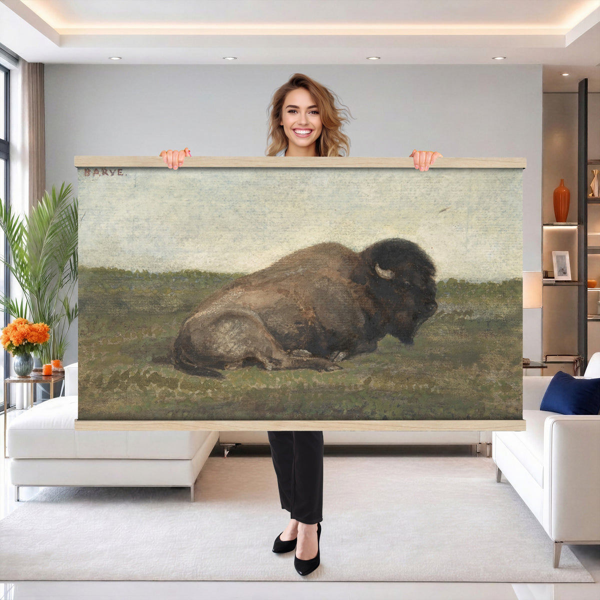 59987270-MGV-TP-30X20 - Realism oil painting tapestry wall hanging of "Bison Lying Down" by Antoine-Louis Barye, showing a heavy bison at rest on open prairie ground, painted with weight and quiet animal presence in deep brown bison coat against muted prairie grass and a low sky. Extra large wall art, made in the USA.