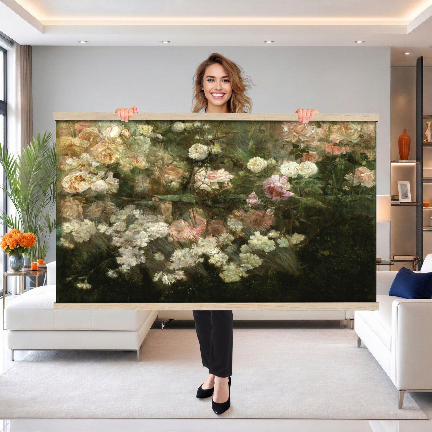 82392202-MGV-TP-30X20 - Post Impressionism oil painting tapestry wall hanging of "White Roses" by Tadeusz Makowski, showing a full bunch of white roses in a simple vase, softly lit against a plain shadowed background in creamy white rose petals and green leaves against a muted warm background. Extra large wall art, made in the USA.