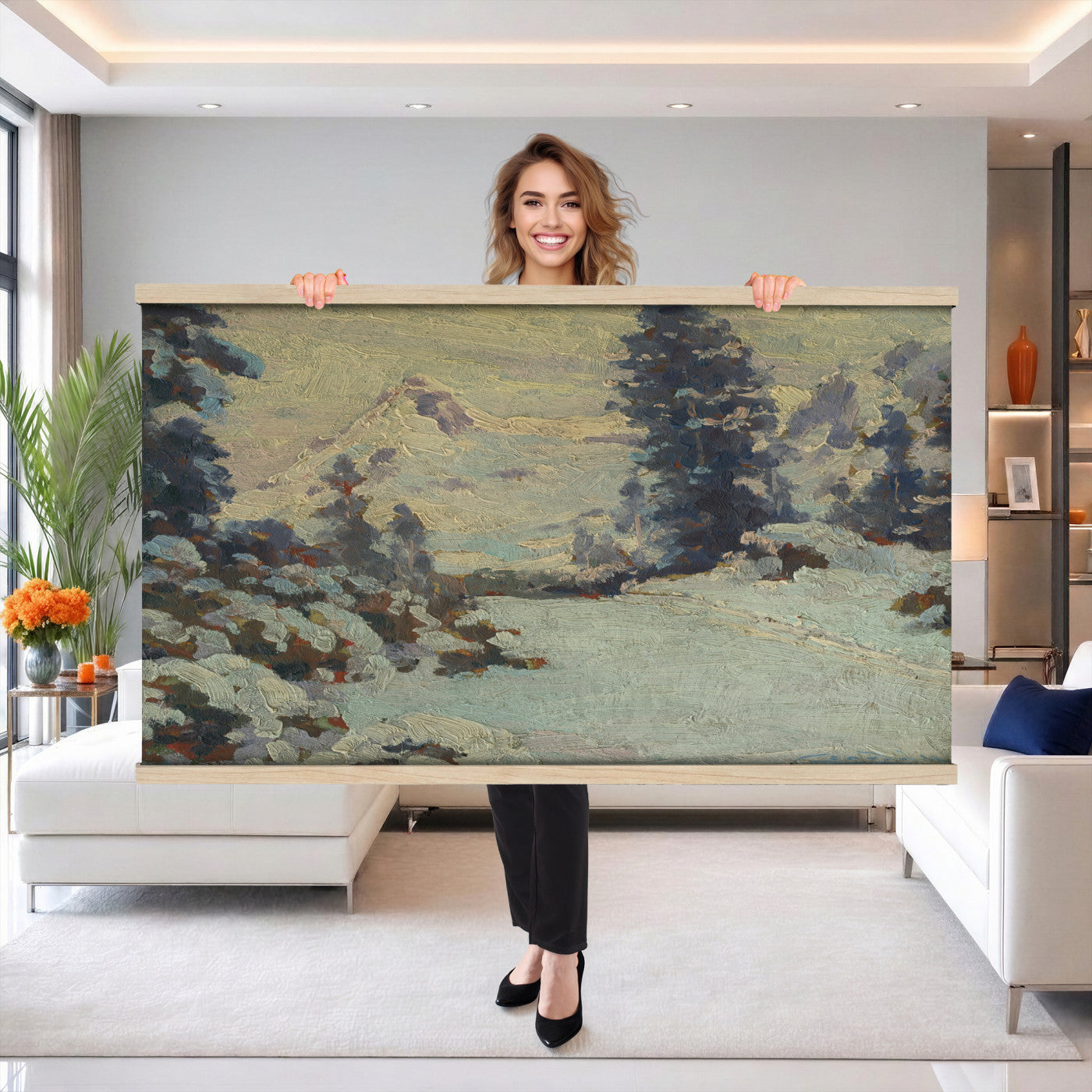 66869729-MGV-TP-30X20 - Realism oil painting tapestry wall hanging of "An Evening in March" by Charlotte Wahlstrom, showing bare late-winter trees along a still river, patches of melting snow, and a low golden evening light on the horizon in cool blue snow shadows against a warm amber sunset sky. Extra large wall art, made in the USA.
