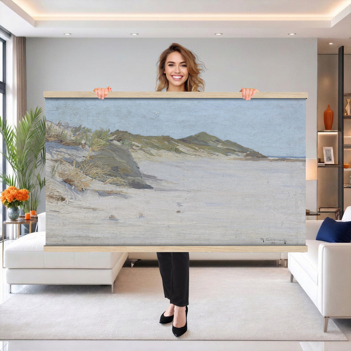 74023087-MGV-TP-30X20 - Impressionism oil painting tapestry wall hanging of "Beach Dunes" by Max Clarenbach, showing low rolling sand dunes topped with pale beach grass, opening toward a quiet sea under a wide soft sky in pale sand tones and dune grass under a wide soft blue-grey sky. Extra large wall art, made in the USA.