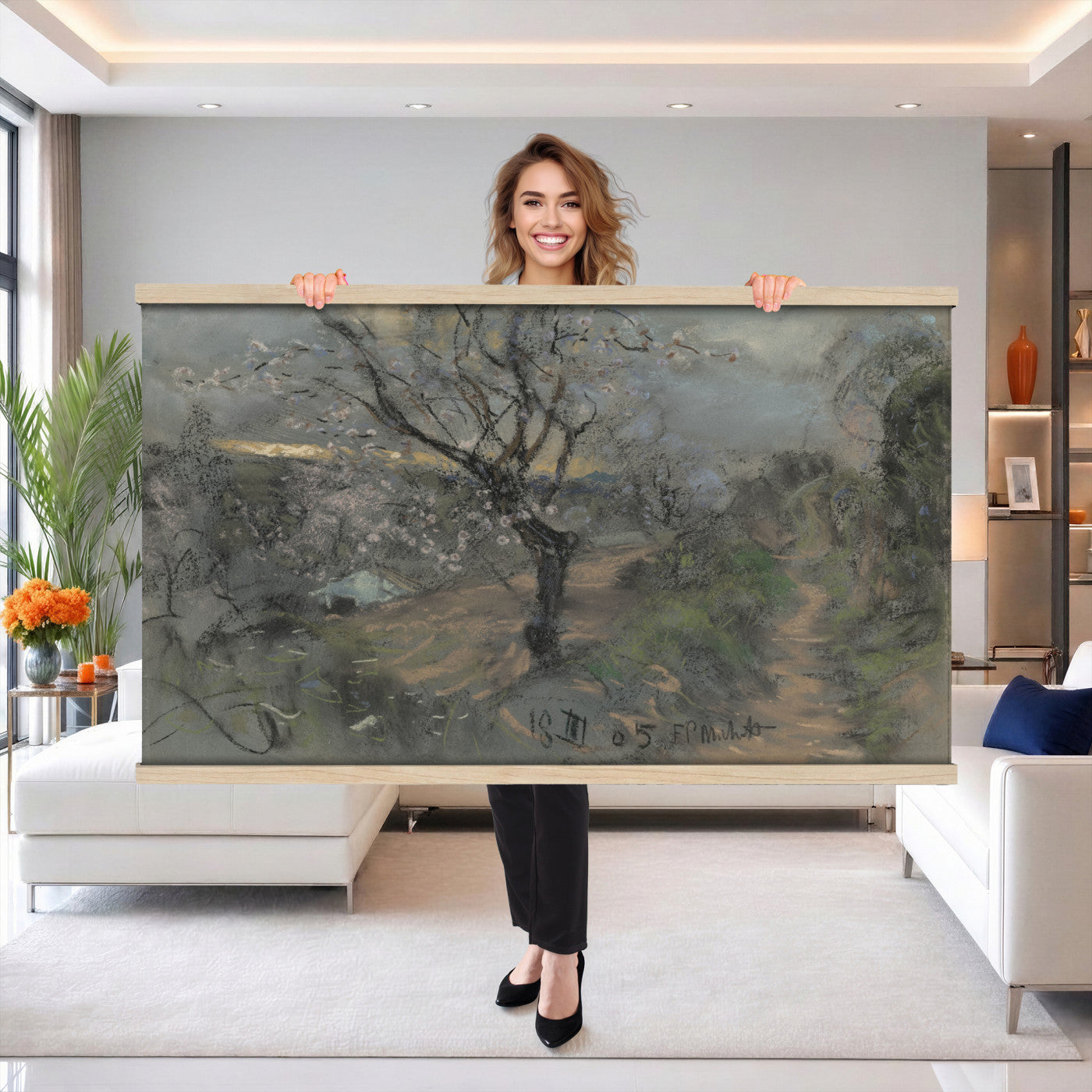 39102913-MGV-TP-30X20 - Realism charcoal and pastel sketch tapestry wall hanging of "Fields with Trees in Blossom" by Francesco Paolo Michetti, showing a dark country road running between blossoming trees, drawn in heavy charcoal under a low stormy sky in deep charcoal greys and blacks with pale blossom highlights. Extra large wall art, made in the USA.