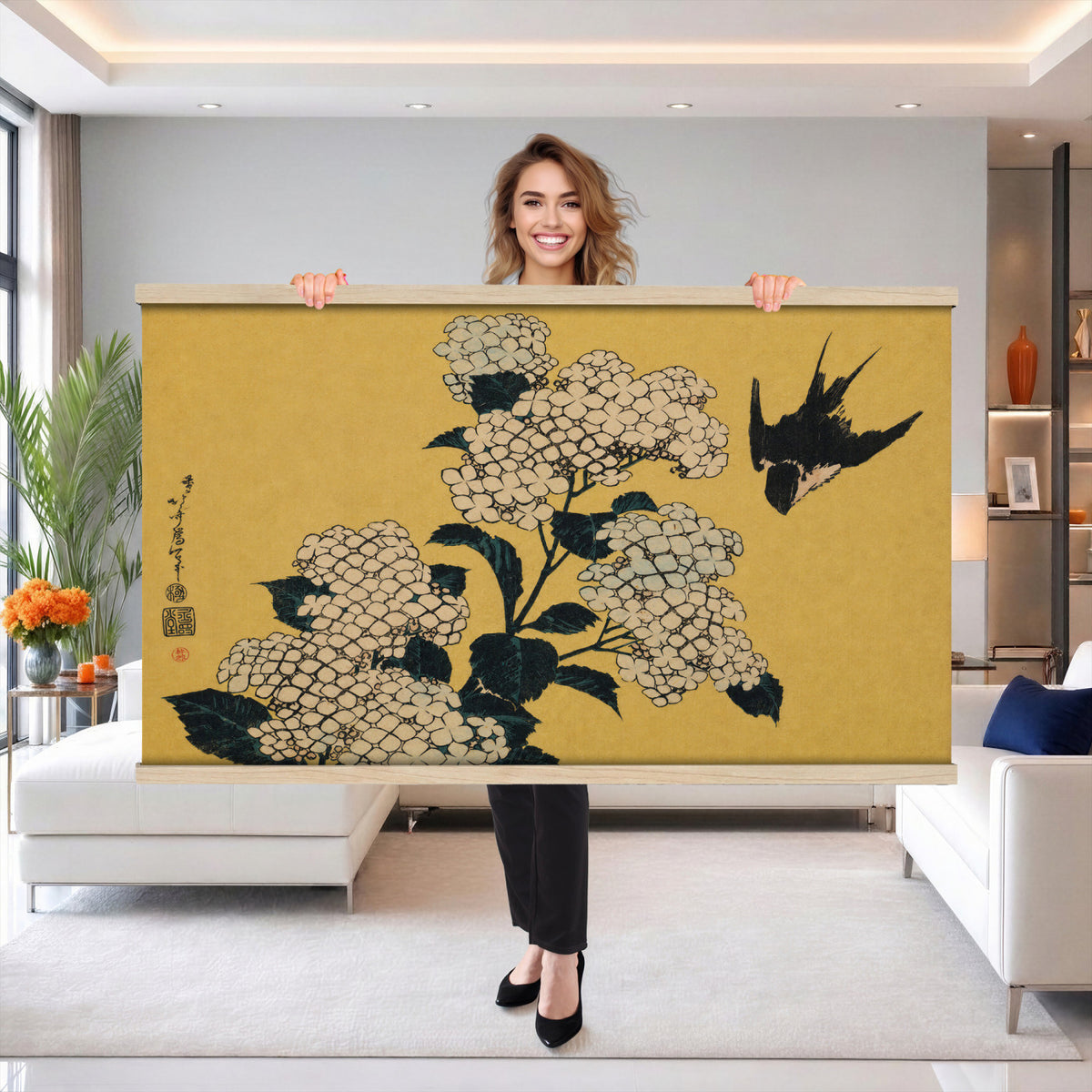 24787197-MGV-TP-30X20 - Ukiyo-e woodblock print tapestry wall hanging of "Hydrangea and Swallow" by Katsushika Hokusai, showing a swallow in flight above a full hydrangea head, drawn with the precise line of Japanese woodblock in soft blue hydrangea blooms with warm gold ground. Extra large wall art, made in the USA.