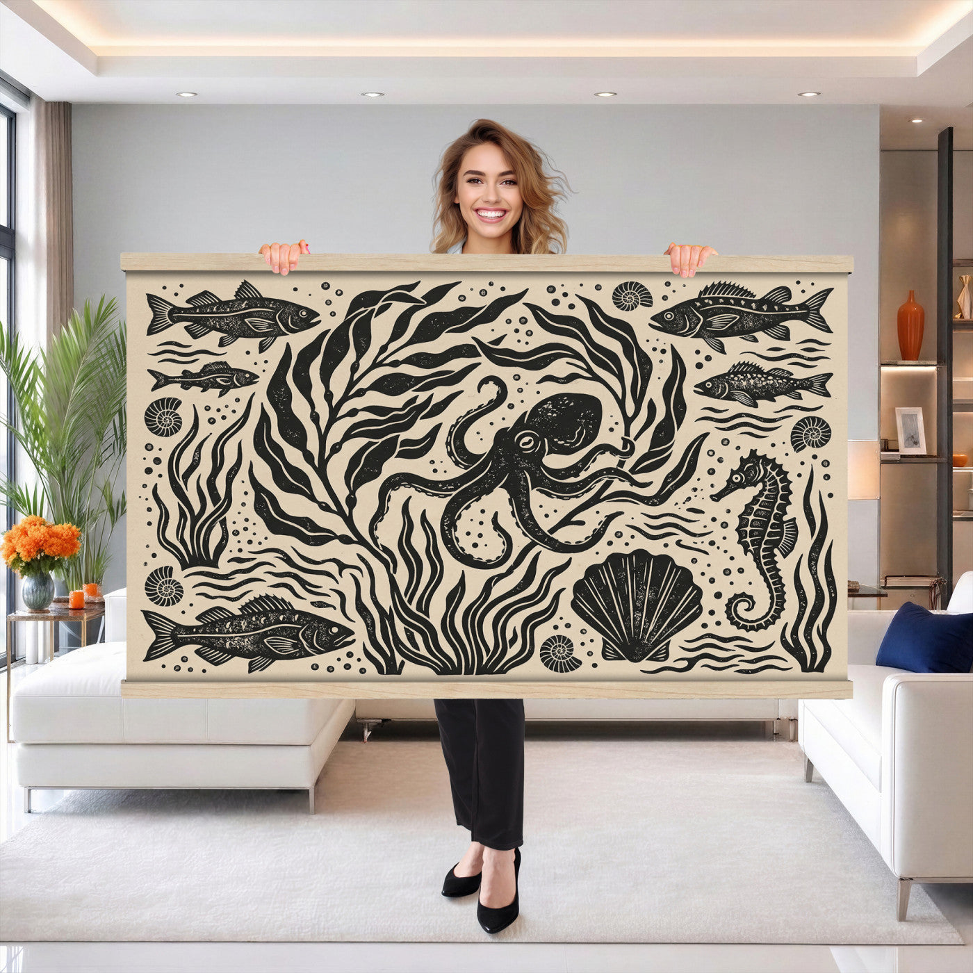 75988079-MGV-TP-30X20 - Folk Art linocut print tapestry wall hanging of "Ocean Life Panel", showing an octopus, seahorses, shells and curling waves cut into bold black and white folk art shapes in bold black linocut shapes on a cream ground. Extra large wall art, made in the USA.
