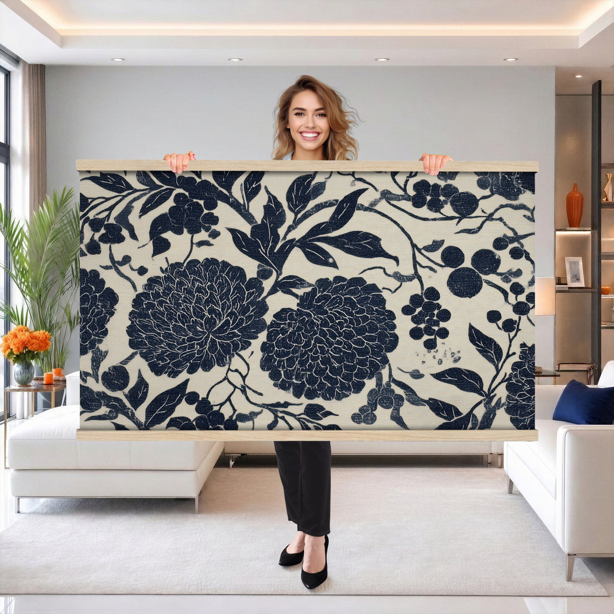 42507419-MGV-TP-30X20 - Chinoiserie ink block print tapestry wall hanging of "Chinoiserie Peony and Chrysanthemum Panel", showing peonies and chrysanthemums layered across a soft grey field, drawn in muted black line in black and soft grey linework on a warm neutral ground. Extra large wall art, made in the USA.