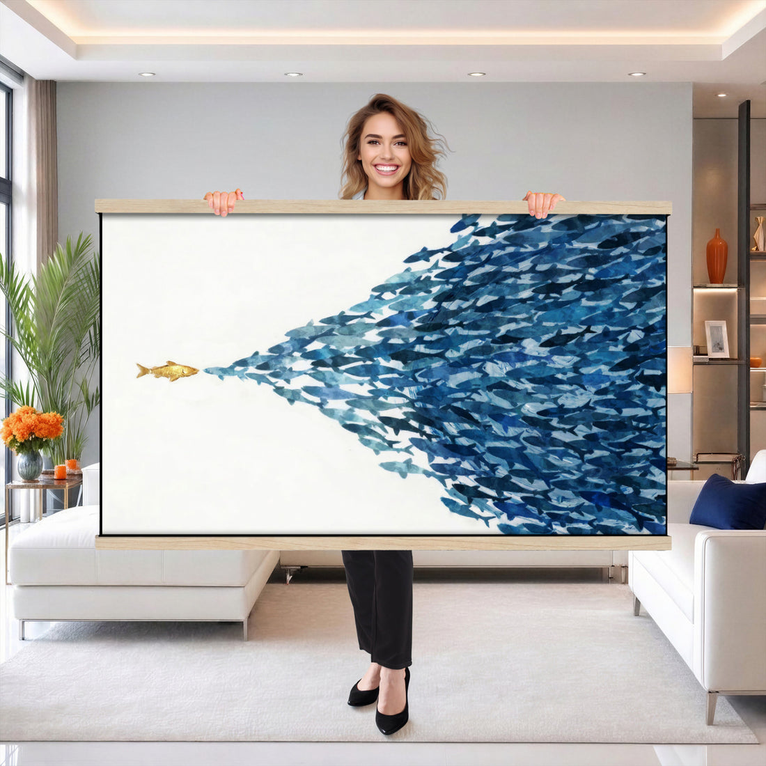 Abstract Blue Fish School Canvas Wall Art, Gold Foil Accent Marine Print