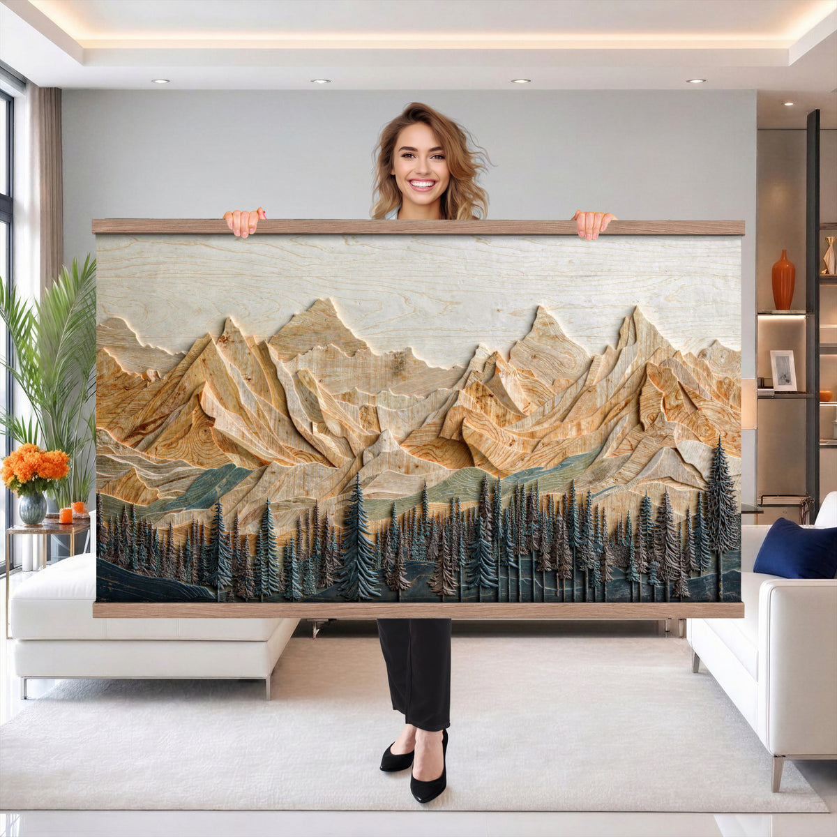 66676213-MGV-TP-30X20 - Geometric Wood Mountain Wall Art Canvas Print, 3D Look Rustic Mosaic Landscape Print