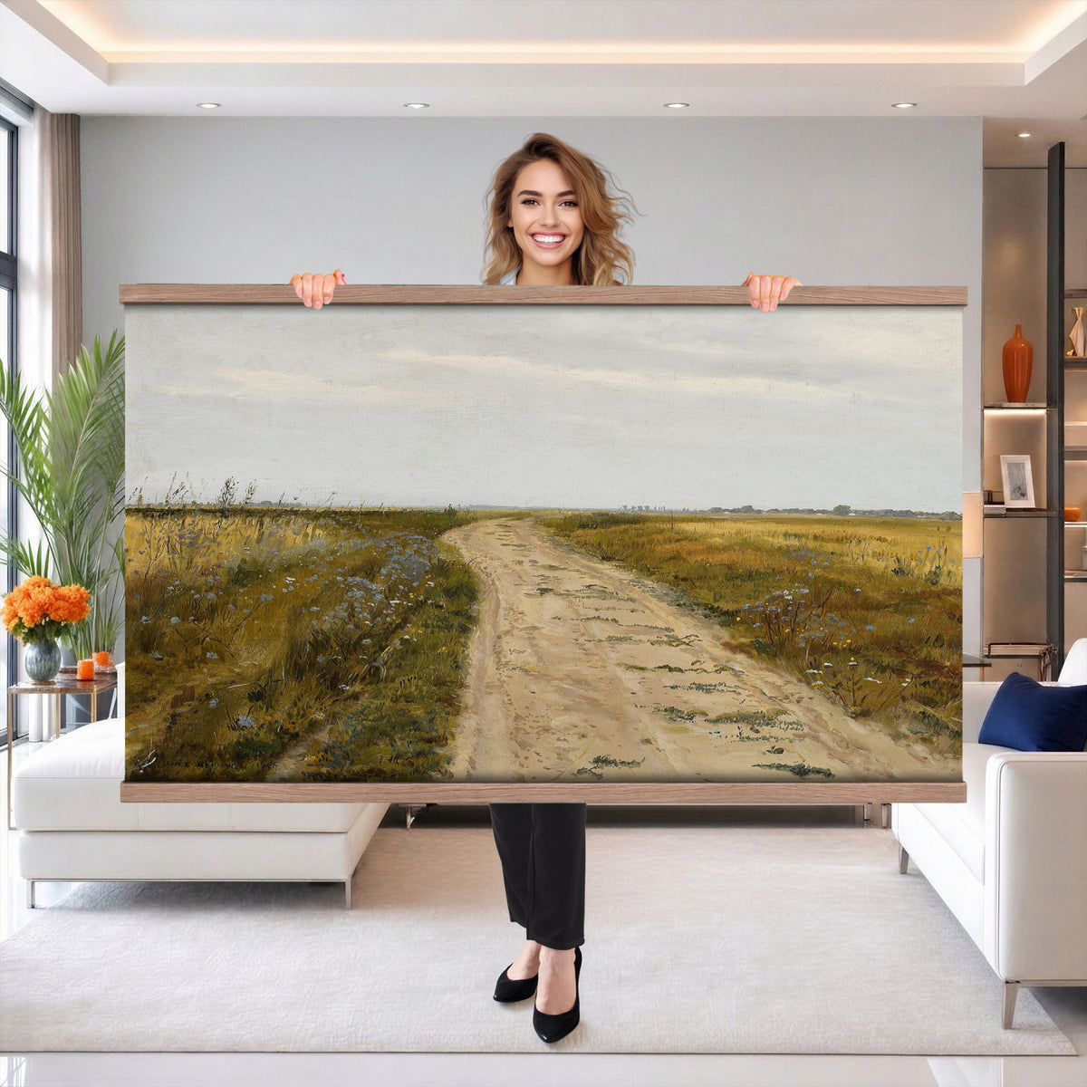 93198256-MGV-TP-30X20 - Realism oil painting tapestry wall hanging of "Field Track" by Jozef Chelmonski, showing a rutted dirt track cutting through open meadow grass toward a low horizon and a wide country sky in warm earth track tones with green meadow grass under a broad sky. Extra large wall art, made in the USA.