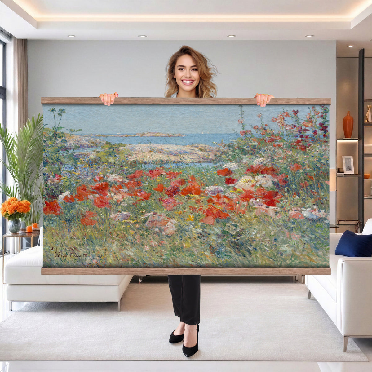 16720314-MGV-TP-30X20 - Impressionism oil painting tapestry wall hanging of "Celia Thaxter's Garden, Isles of Shoals" by Childe Hassam, showing a cliffside garden bursting with red poppies above a bright blue sea and rocky island shore in vivid red poppies against deep blue sea and green garden foliage. Extra large wall art, made in the USA.