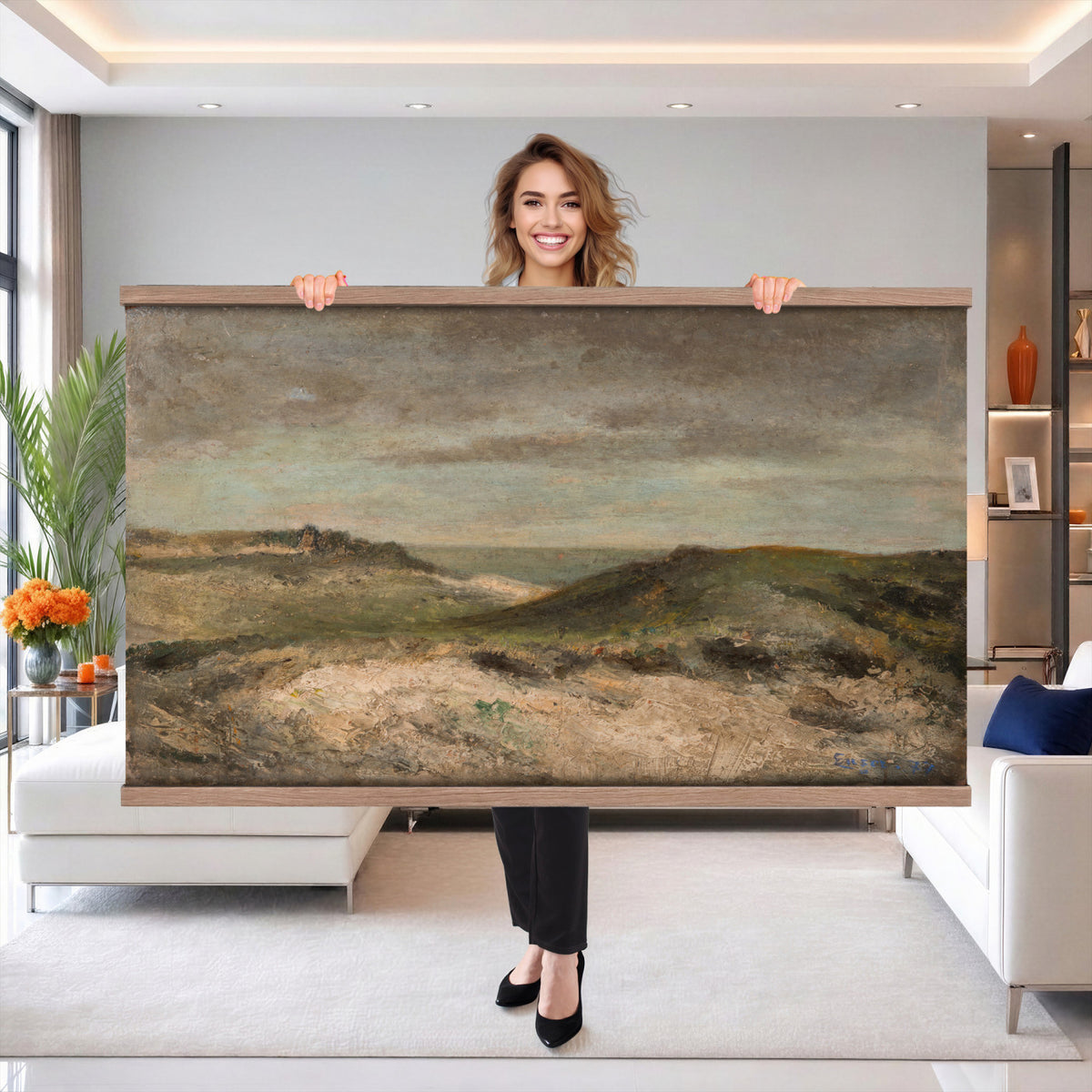 68383237-MGV-TP-30X20 - Expressionism oil painting tapestry wall hanging of "Dunes" by James Ensor, showing a steep dune ridge cutting across the canvas, with wind-bent grasses and a heavy sky pressing down behind it in muted sand and olive dune tones under a dark weighted sky. Extra large wall art, made in the USA.