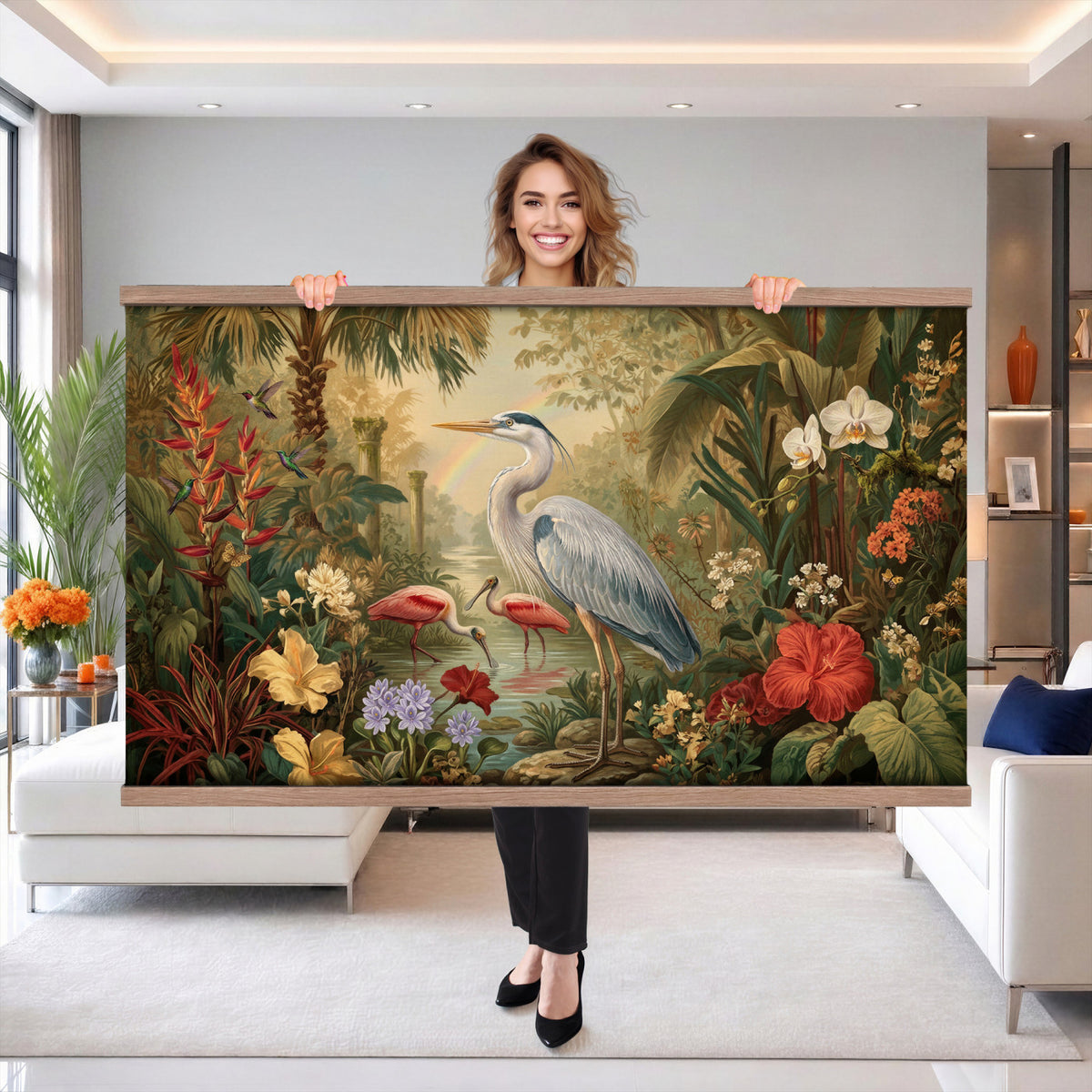 20081183-MGV-TP-30X20 - Botanical botanical illustration tapestry wall hanging of "Great Blue Heron in the Jungle", showing a great blue heron standing among hibiscus blooms, palm fronds and dense tropical foliage in deep jungle greens with red hibiscus and soft blue heron plumage. Extra large wall art, made in the USA.