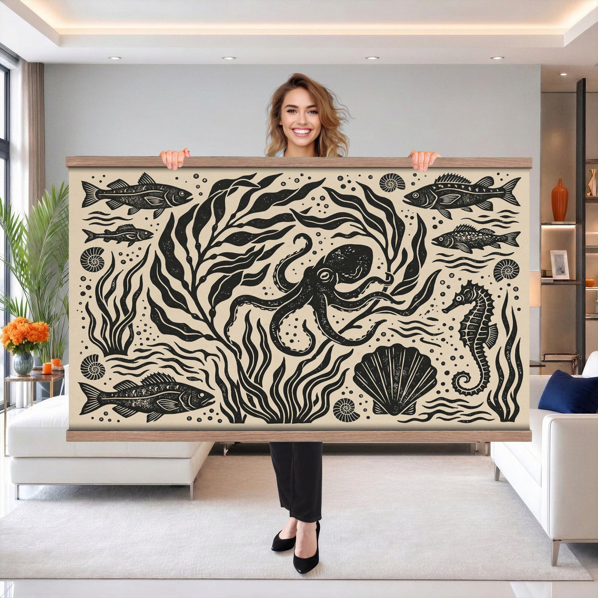 75988079-MGV-TP-30X20 - Folk Art linocut print tapestry wall hanging of "Ocean Life Panel", showing an octopus, seahorses, shells and curling waves cut into bold black and white folk art shapes in bold black linocut shapes on a cream ground. Extra large wall art, made in the USA.