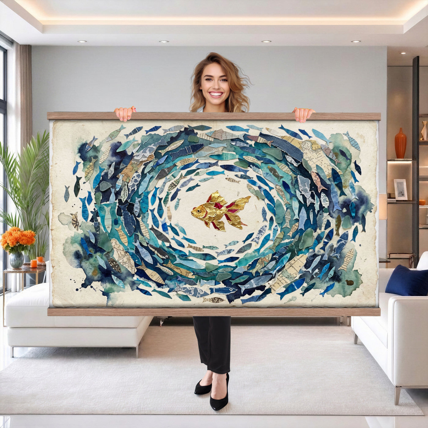 73165663TT-MGV-TP-30X20 - Mixed Media Blue Fish Swirl Canvas Wall Art, Goldfish Collage Ocean Print