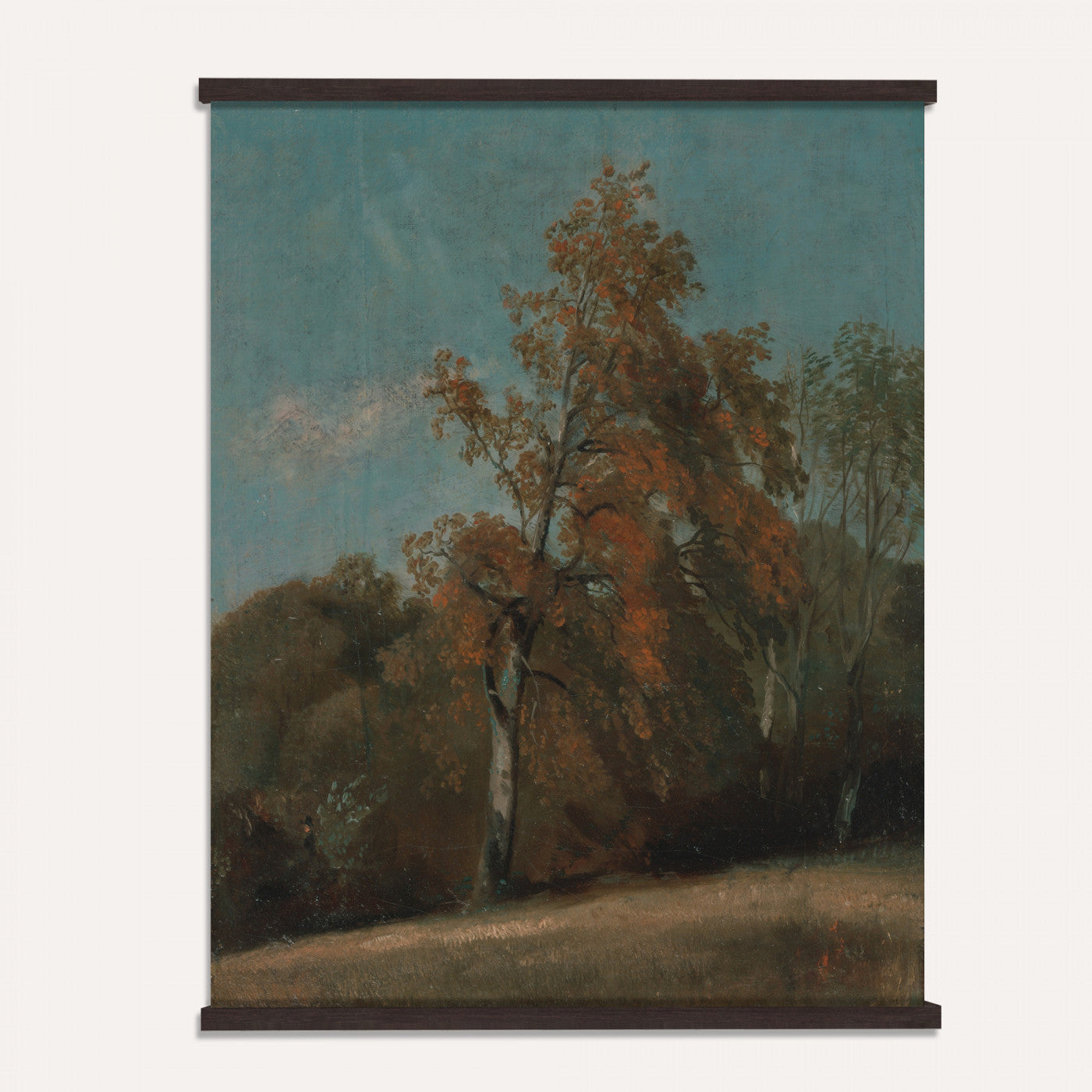 36386230-MGV-TP-24X36 - Realism oil study tapestry wall hanging of "Pine Tree Study" by Ivan Shishkin, showing a single towering pine studied in close detail, with heavy needled branches and rough bark against open forest light in deep evergreen needles and warm red-brown bark under soft daylight. Extra large wall art, made in the USA.