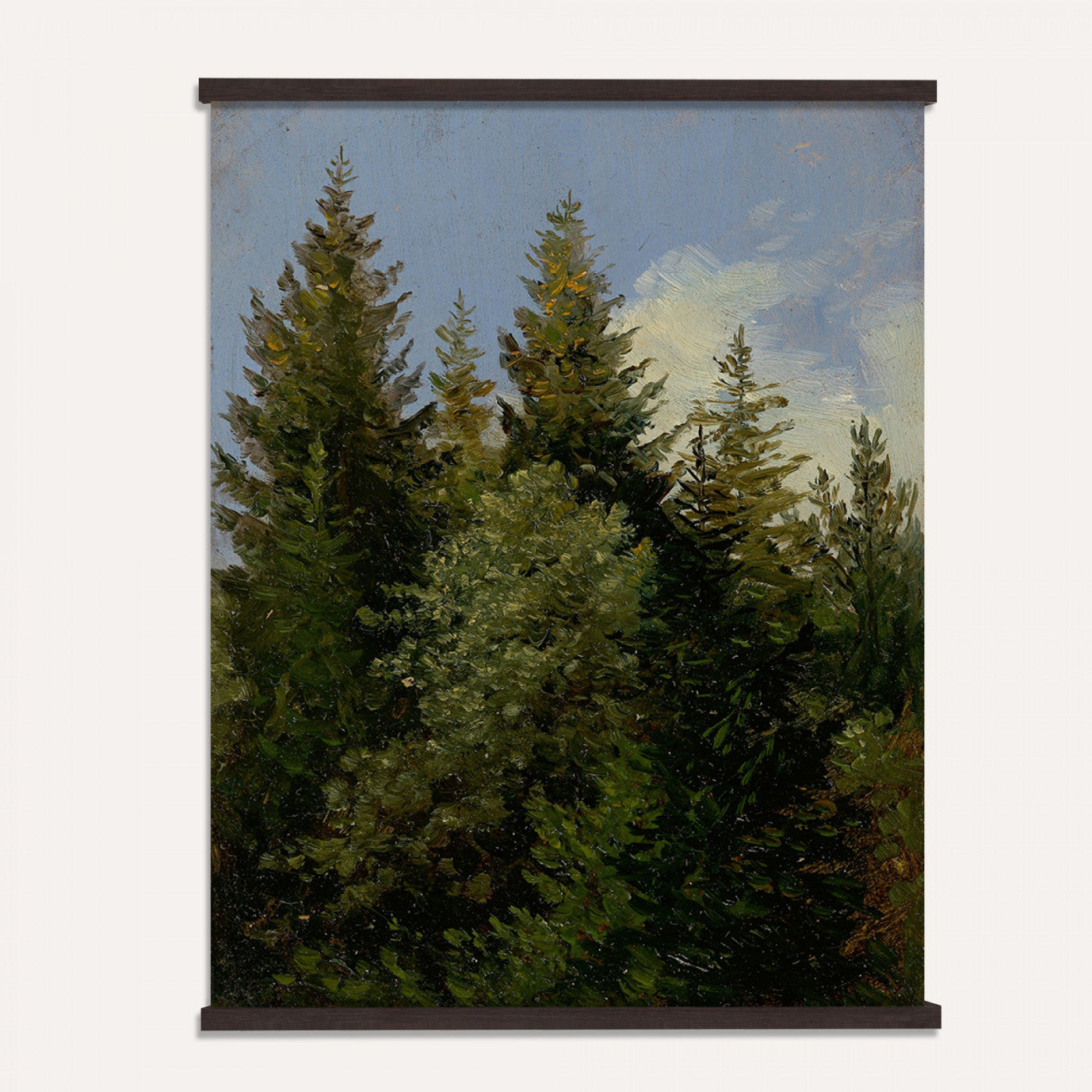 93511960-MGV-TP-24X36 - Realism oil study tapestry wall hanging of "Pine Tree Study" by Ivan Shishkin, showing a single towering pine studied in close detail, with heavy needled branches and rough bark against open forest light in deep evergreen needles and warm red-brown bark under soft daylight. Extra large wall art, made in the USA.