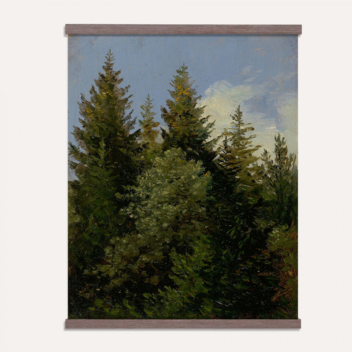 93511960-MGV-TP-24X36 - Realism oil study tapestry wall hanging of "Pine Tree Study" by Ivan Shishkin, showing a single towering pine studied in close detail, with heavy needled branches and rough bark against open forest light in deep evergreen needles and warm red-brown bark under soft daylight. Extra large wall art, made in the USA.