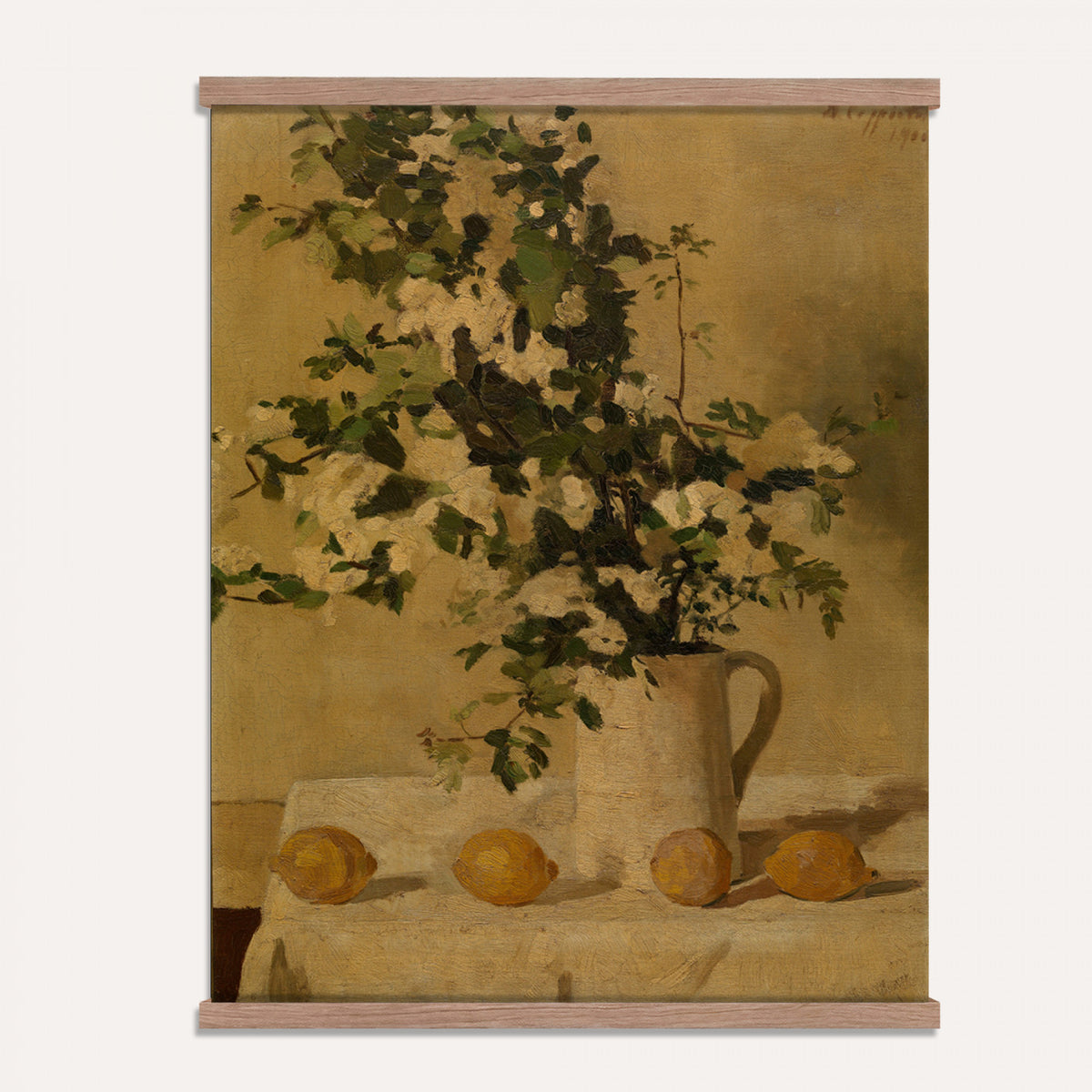 64966890-MGV-TP-24X36 - Still Life oil painting tapestry wall hanging of "Lemons and White Flowers", showing bright lemons beside a vase of white blooms on a plain table, lit softly from one side in warm yellow lemons and white petals against a soft neutral ground. Extra large wall art, made in the USA.