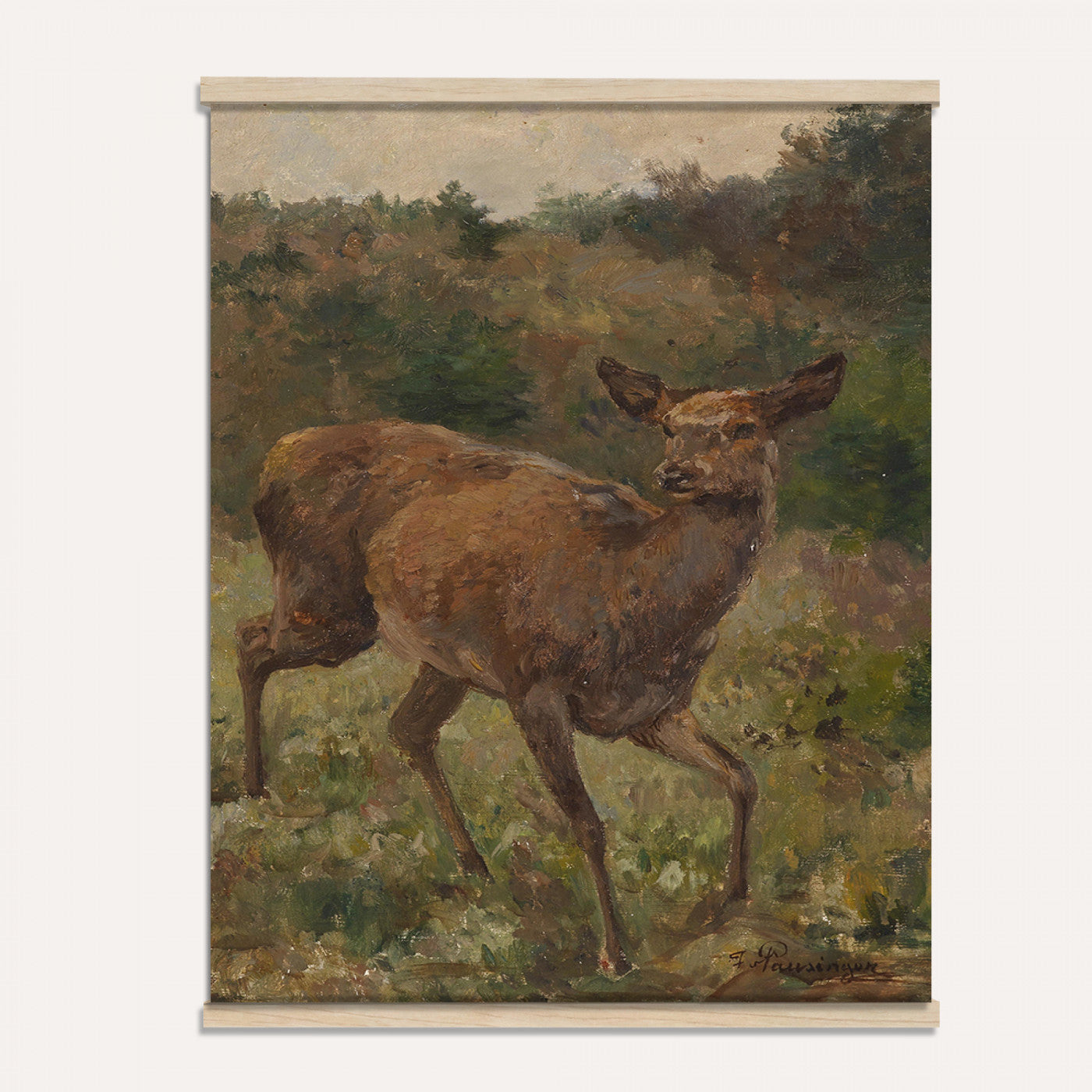33154634-MGV-TP-24X36 - Realism oil painting tapestry wall hanging of "Rotwild" by Franz Xaver von Pausinger, showing a herd of red deer resting in a quiet clearing, tall grasses, and dark forest edges fading into soft light in warm russet deer coats against deep forest green and golden grass. Extra large wall art, made in the USA.