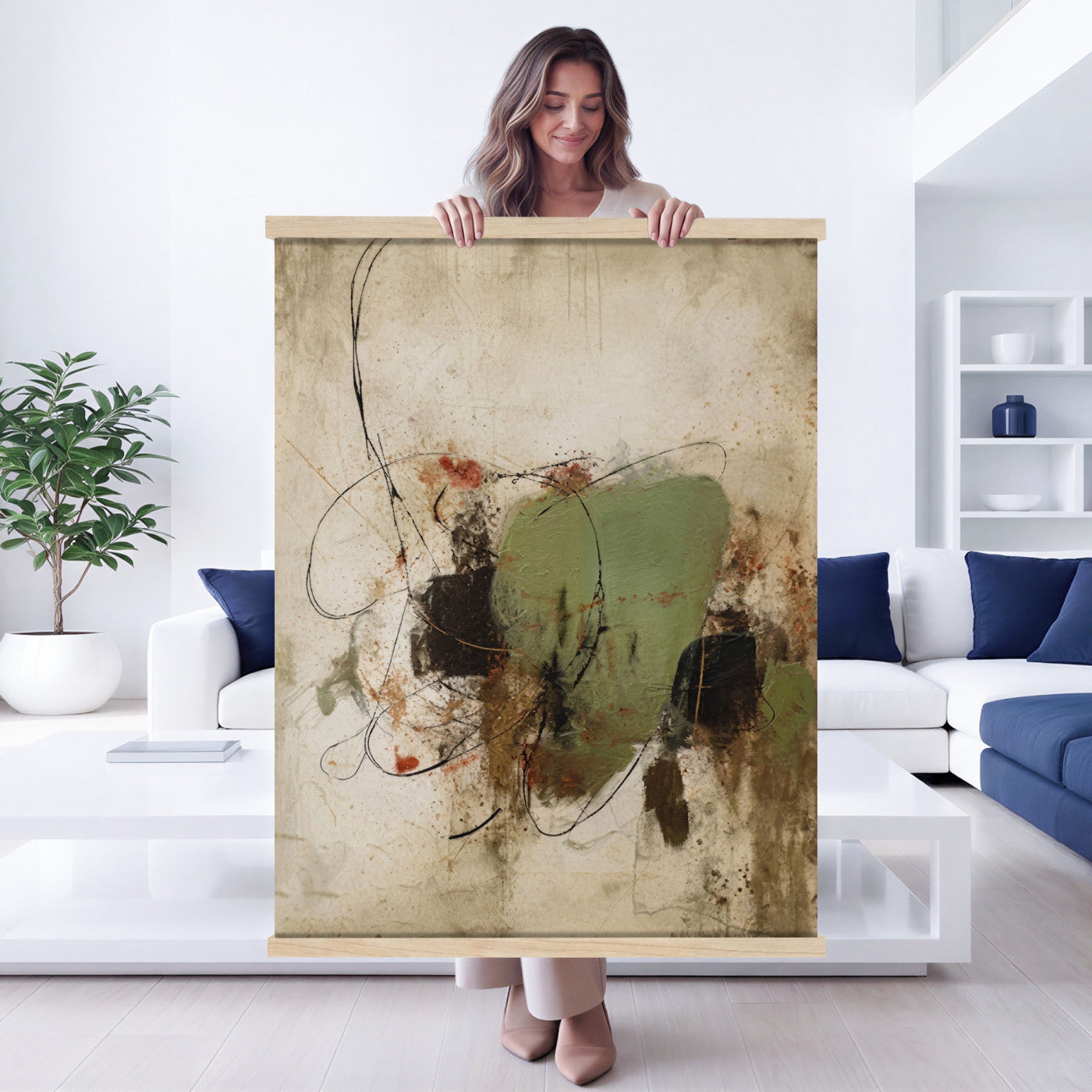 18219840-MGV-TP-24X36 - Sage Green Abstract Canvas Wall Art Textured Neutral Mixed Media Print for Home Decor