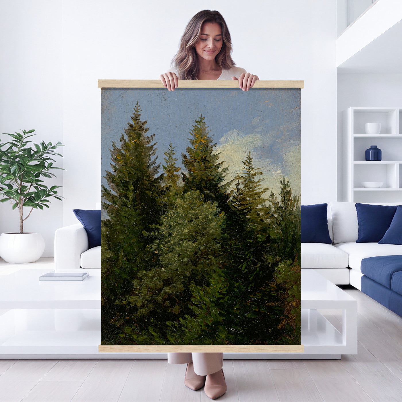 93511960-MGV-TP-24X36 - Realism oil study tapestry wall hanging of "Pine Tree Study" by Ivan Shishkin, showing a single towering pine studied in close detail, with heavy needled branches and rough bark against open forest light in deep evergreen needles and warm red-brown bark under soft daylight. Extra large wall art, made in the USA.