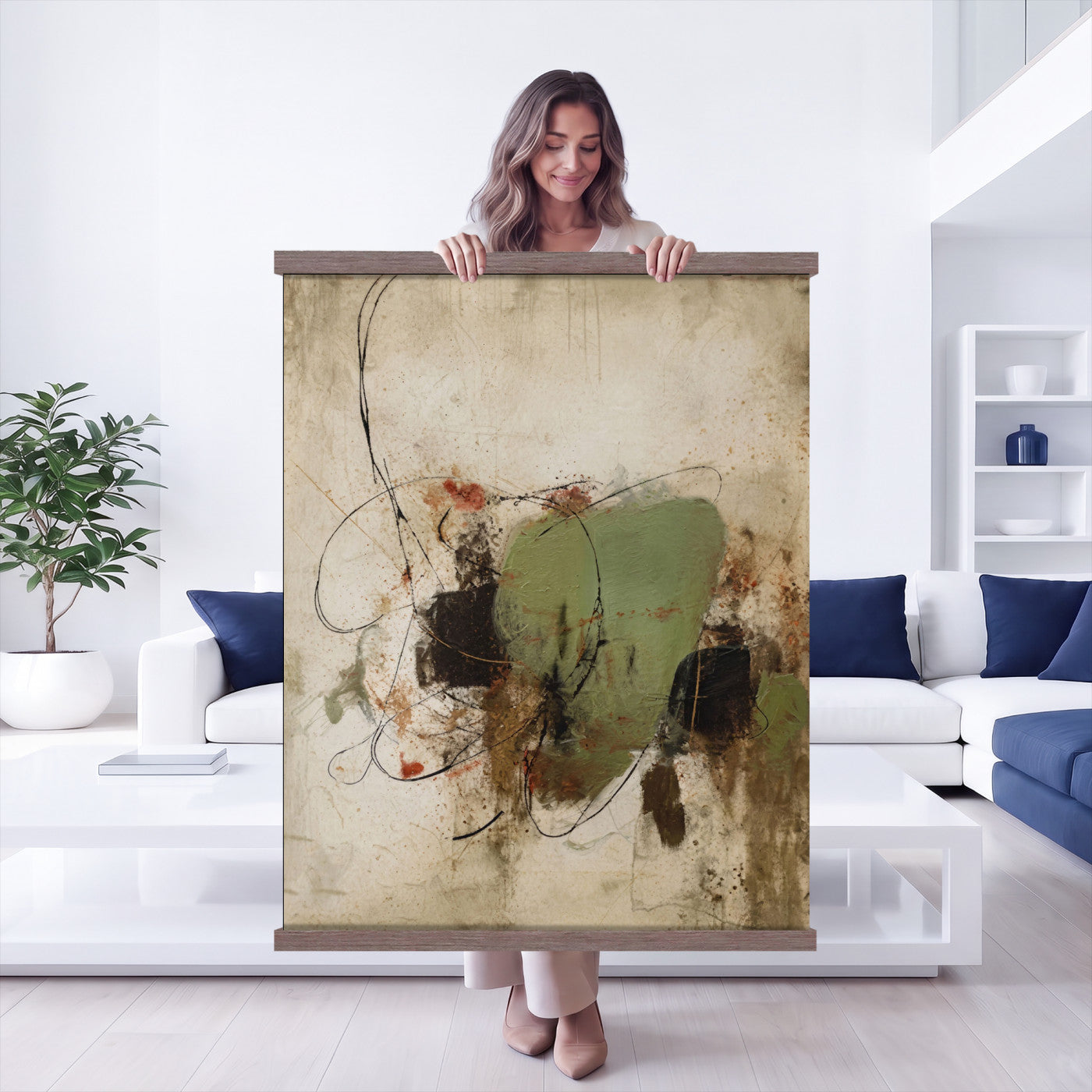 18219840-MGV-TP-24X36 - Sage Green Abstract Canvas Wall Art Textured Neutral Mixed Media Print for Home Decor