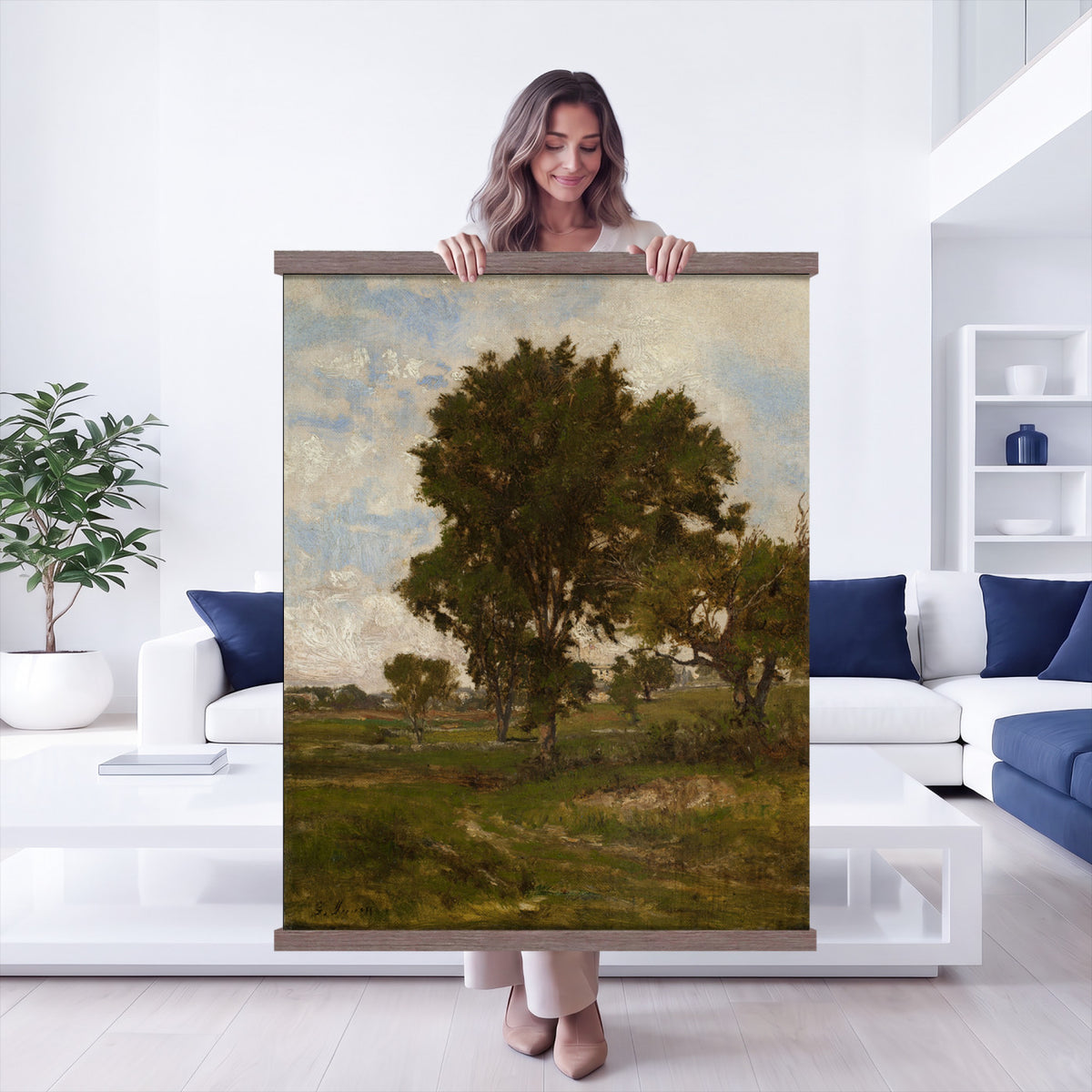 96279232-MGV-TP-24X36 - Realism oil study tapestry wall hanging of "Pine Tree Study" by Ivan Shishkin, showing a single towering pine studied in close detail, with heavy needled branches and rough bark against open forest light in deep evergreen needles and warm red-brown bark under soft daylight. Extra large wall art, made in the USA.