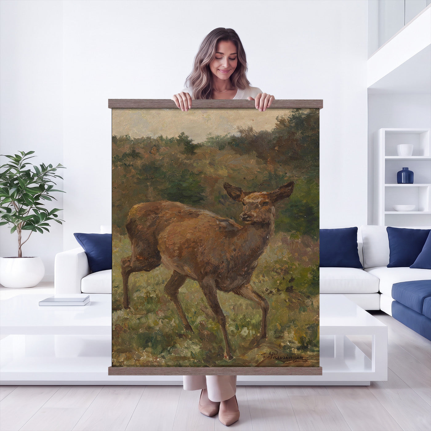 33154634-MGV-TP-24X36 - Realism oil painting tapestry wall hanging of "Rotwild" by Franz Xaver von Pausinger, showing a herd of red deer resting in a quiet clearing, tall grasses, and dark forest edges fading into soft light in warm russet deer coats against deep forest green and golden grass. Extra large wall art, made in the USA.