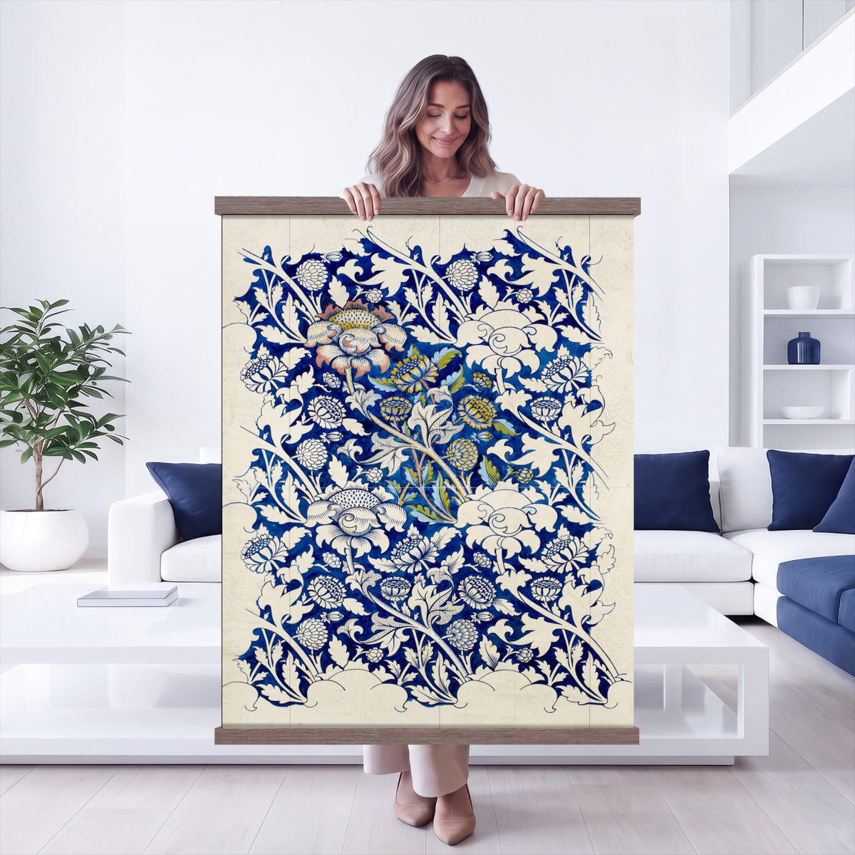 17718362-MGV-TP-24X36 - William Morris Windrush Tapestry, Indigo Blue Floral Wall Hanging Blanket, Art Nouveau Flower Pattern Art, Vintage Arts Crafts Room Gift