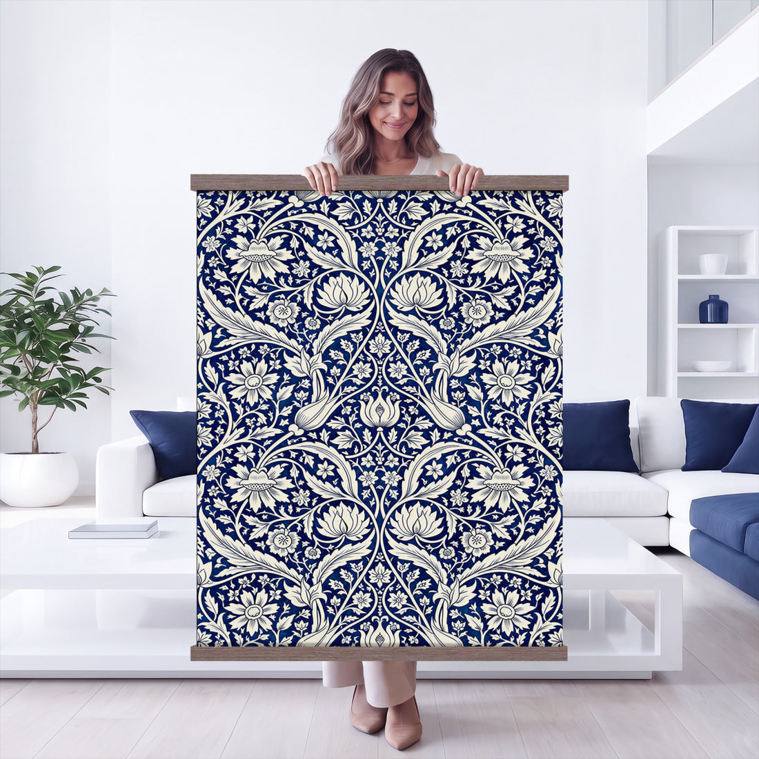 Blue Floral Tapestry Wall Art, Antique Art Nouveau Botanical Wall Hanging, Extra Large Bedroom Wall Decor Gift