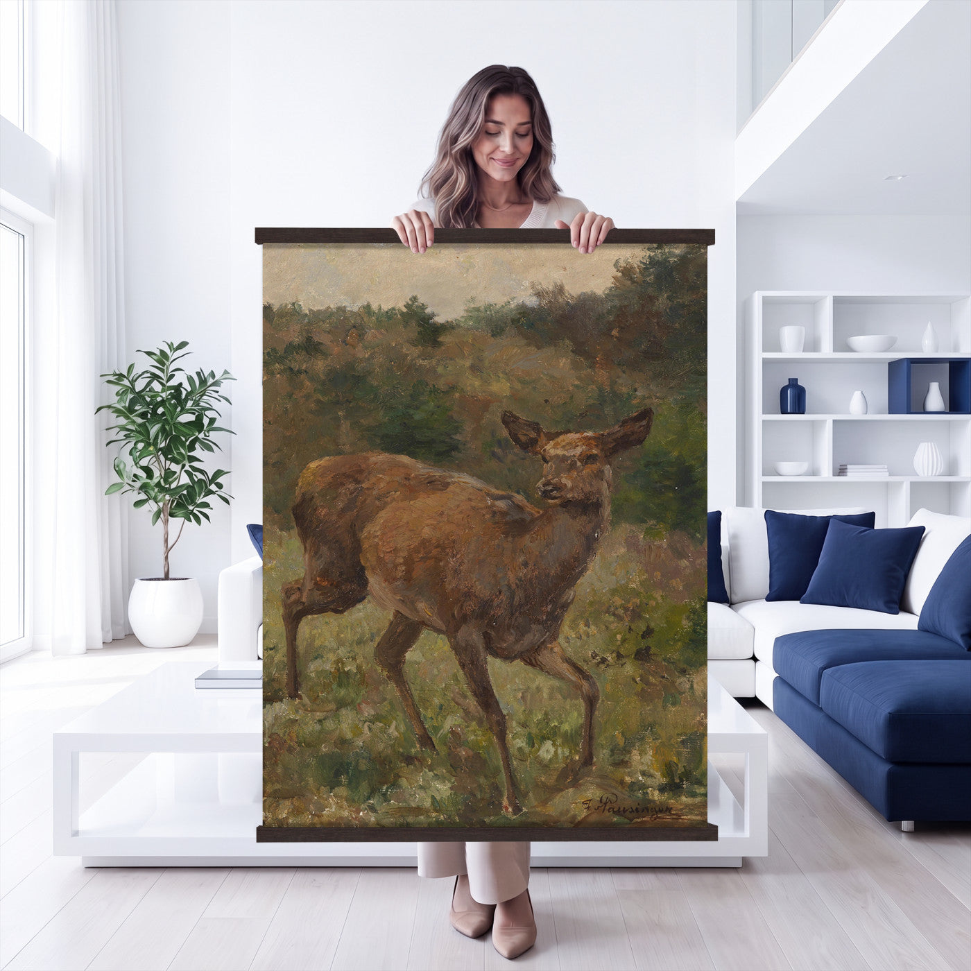 33154634-MGV-TP-24X36 - Realism oil painting tapestry wall hanging of "Rotwild" by Franz Xaver von Pausinger, showing a herd of red deer resting in a quiet clearing, tall grasses, and dark forest edges fading into soft light in warm russet deer coats against deep forest green and golden grass. Extra large wall art, made in the USA.