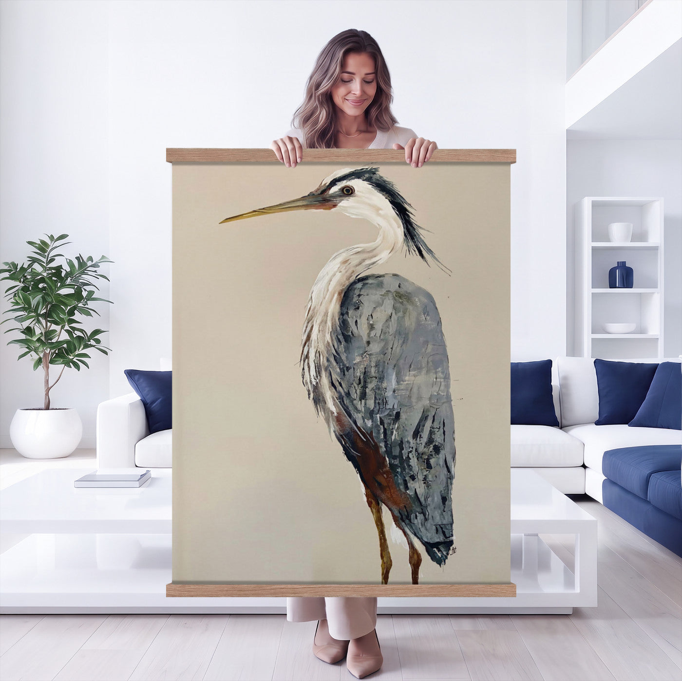 80349996-MGV-TP-24X36 - Great Blue Heron Canvas Wall Art - Coastal Bird Oil Painting Print for Home Wall Decor