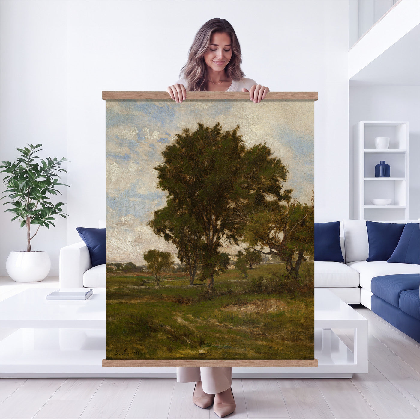 96279232-MGV-TP-24X36 - Realism oil study tapestry wall hanging of "Pine Tree Study" by Ivan Shishkin, showing a single towering pine studied in close detail, with heavy needled branches and rough bark against open forest light in deep evergreen needles and warm red-brown bark under soft daylight. Extra large wall art, made in the USA.