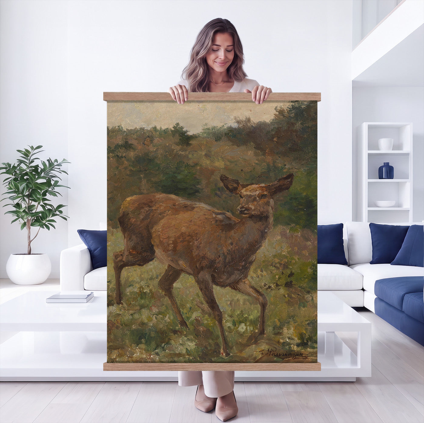 33154634-MGV-TP-24X36 - Realism oil painting tapestry wall hanging of "Rotwild" by Franz Xaver von Pausinger, showing a herd of red deer resting in a quiet clearing, tall grasses, and dark forest edges fading into soft light in warm russet deer coats against deep forest green and golden grass. Extra large wall art, made in the USA.