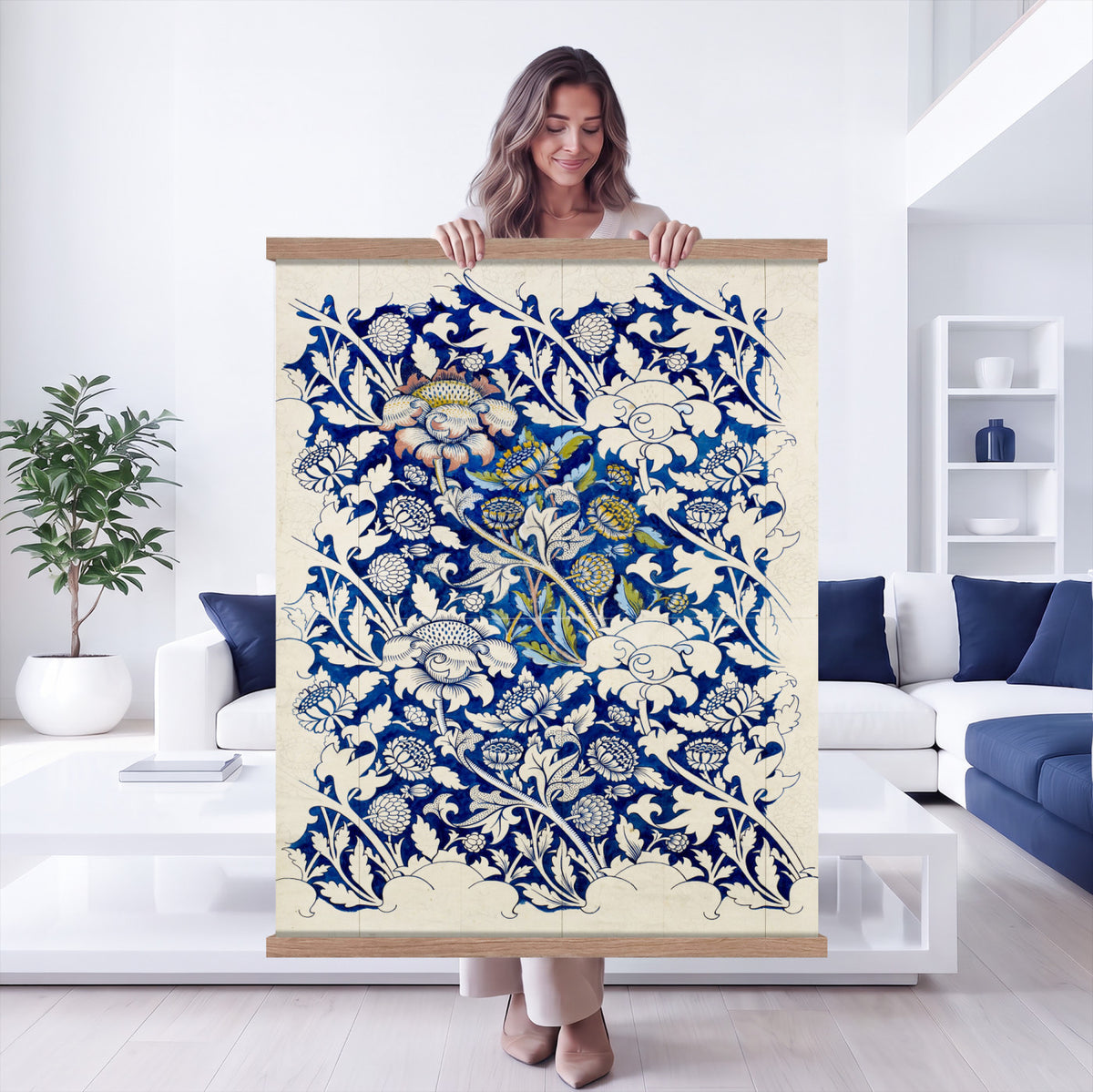 17718362-MGV-TP-24X36 - William Morris Windrush Tapestry, Indigo Blue Floral Wall Hanging Blanket, Art Nouveau Flower Pattern Art, Vintage Arts Crafts Room Gift