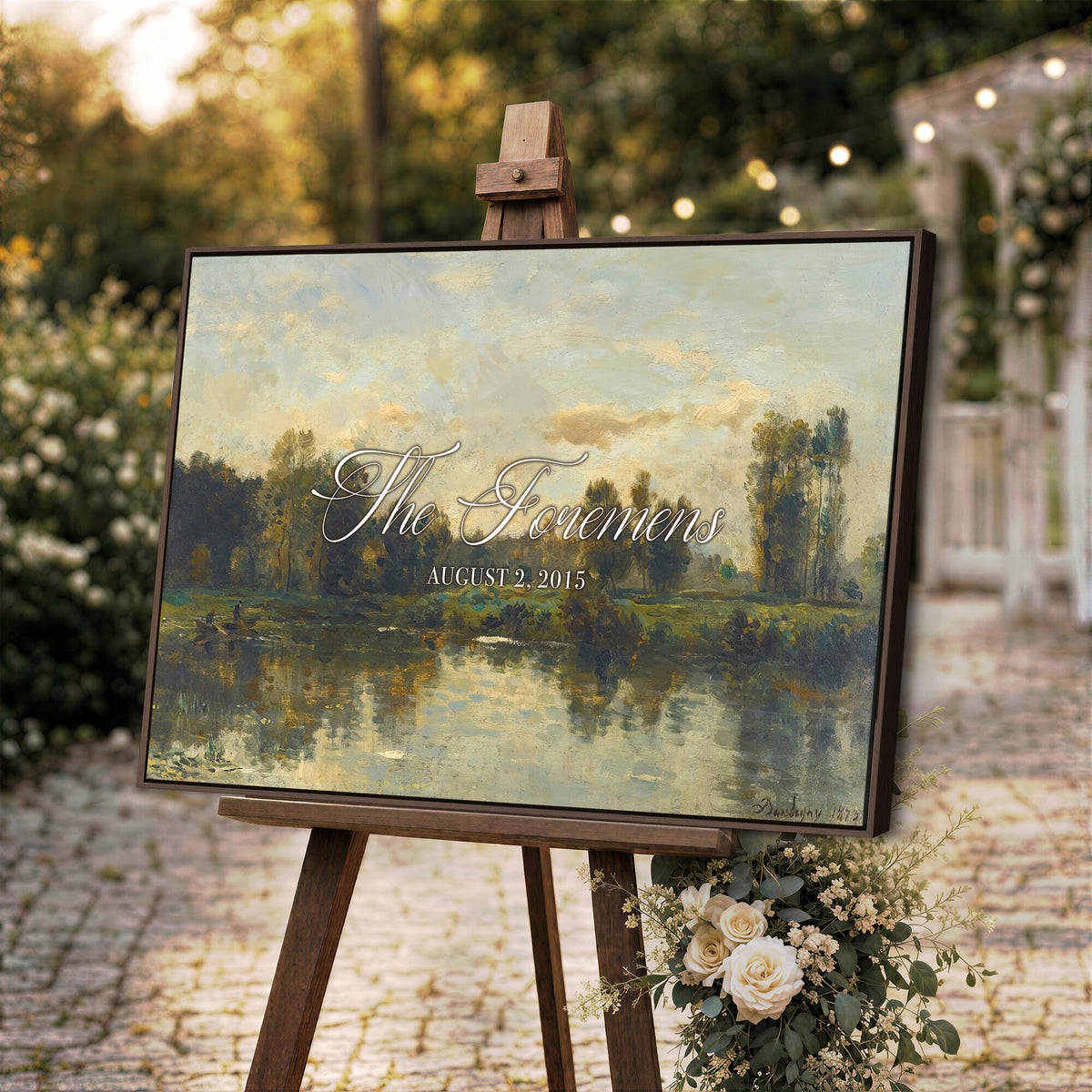 81082298-MCV-HS-36X24 - Personalized Family Name Sign | River Reflection Vintage Landscape Canvas | Wedding Gift