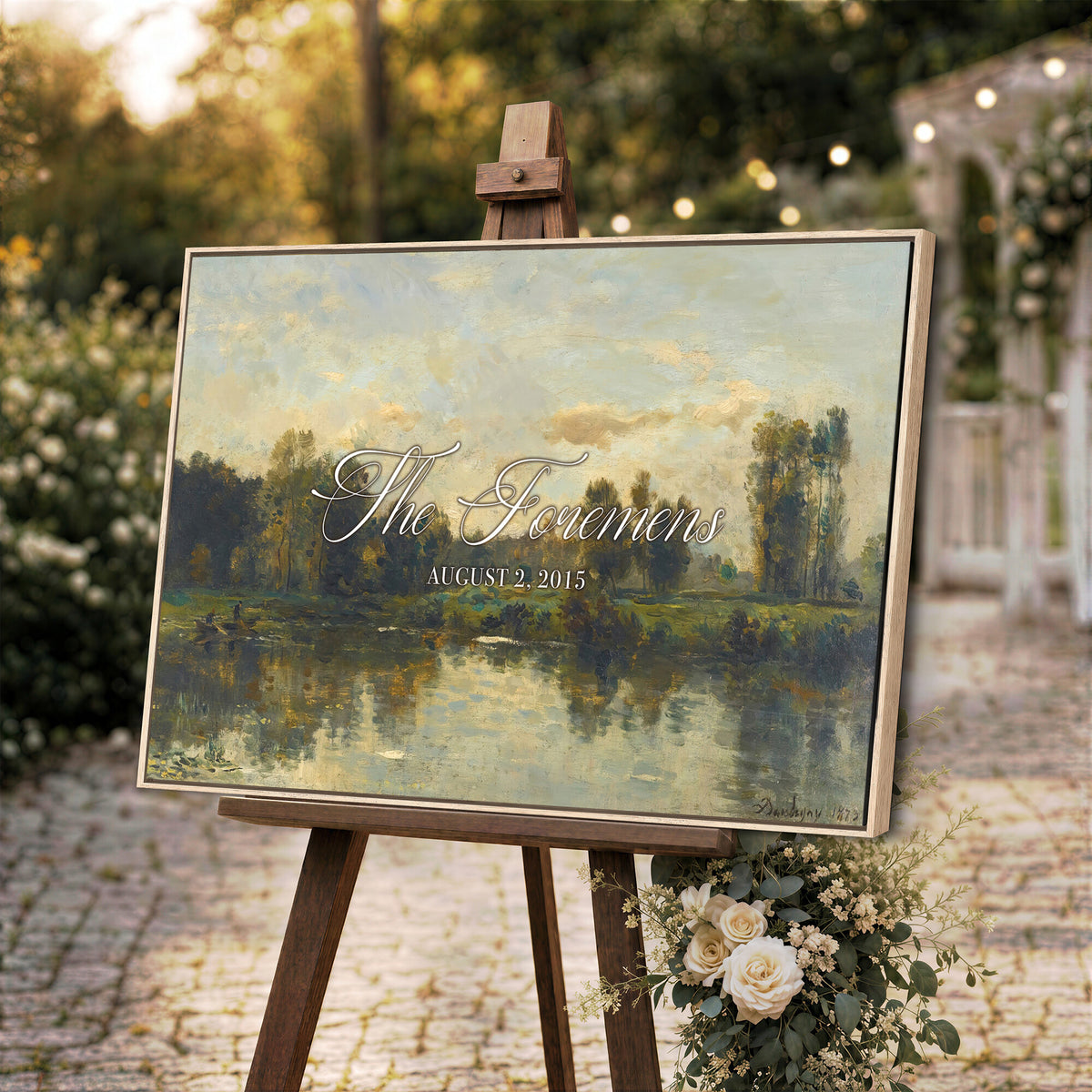 81082298-MCV-HS-36X24 - Personalized Family Name Sign | River Reflection Vintage Landscape Canvas | Wedding Gift