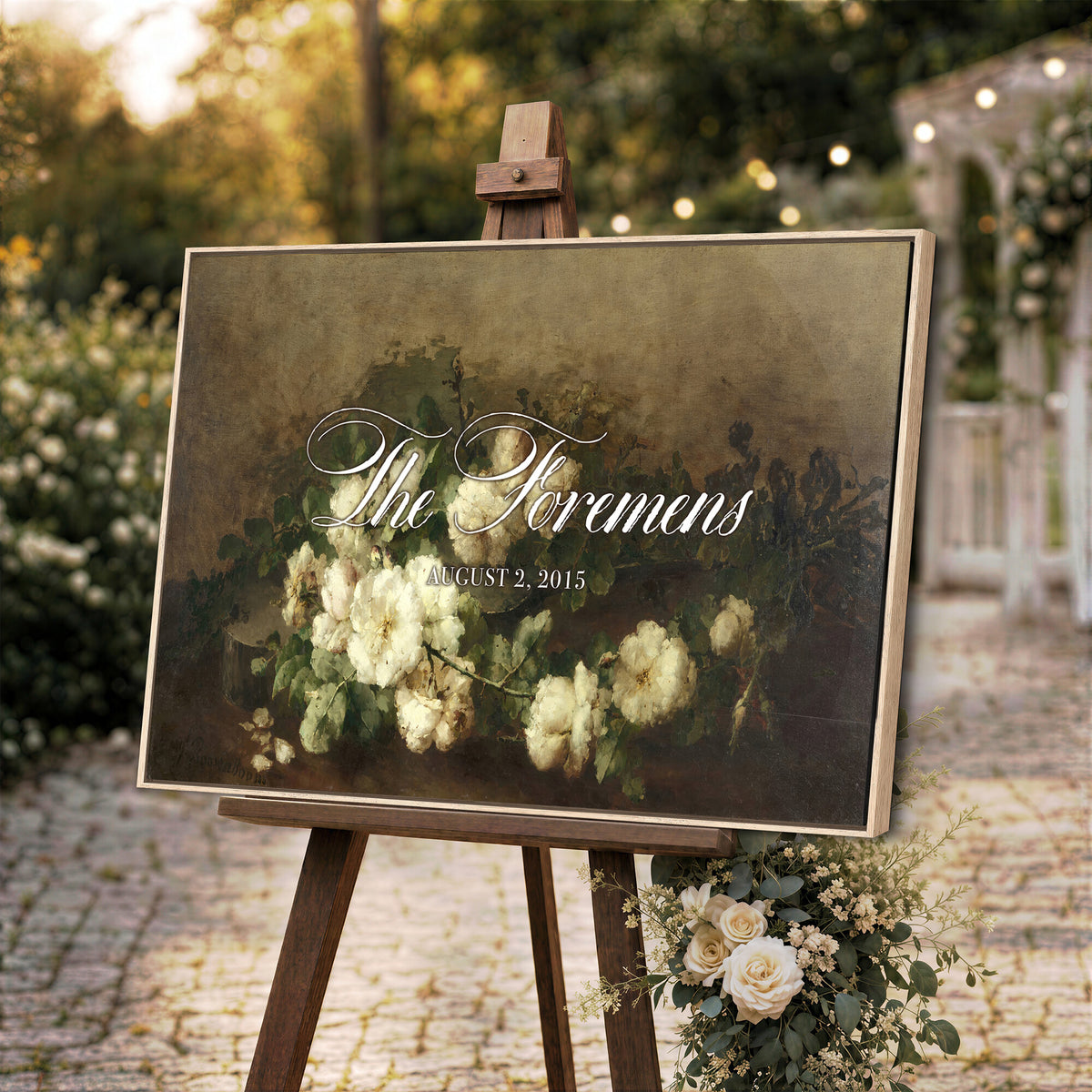 60065718-MCV-HS-36X24 - Wedding Easel Sign | Personalized White Peonies Vintage Canvas | Framed Welcome Sign for Ceremony