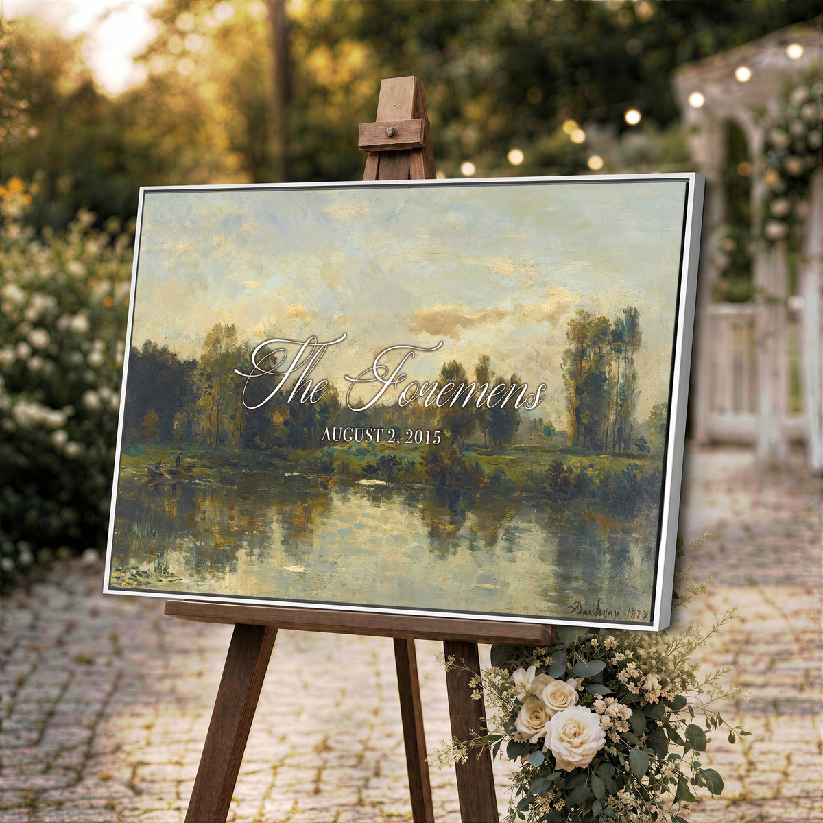 81082298-MCV-HS-36X24 - Personalized Family Name Sign | River Reflection Vintage Landscape Canvas | Wedding Gift