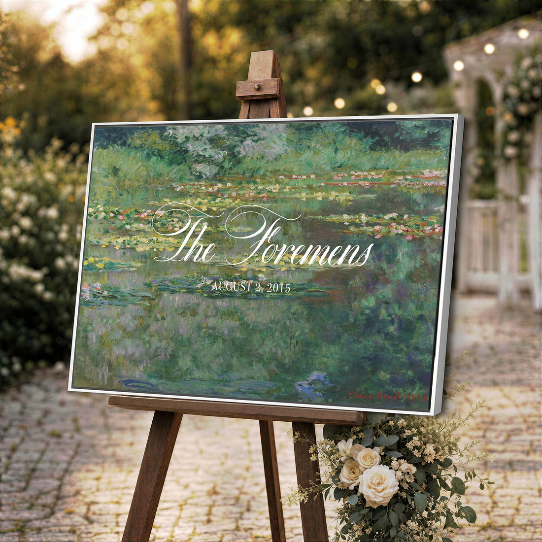 Wedding Easel Sign | Personalized Water Lily Pond Vintage Canvas | Framed Welcome Sign for Ceremony
