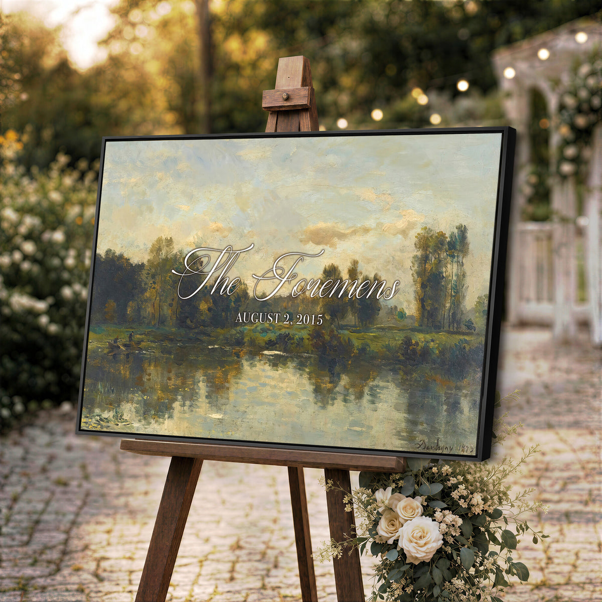81082298-MCV-HS-36X24 - Personalized Family Name Sign | River Reflection Vintage Landscape Canvas | Wedding Gift