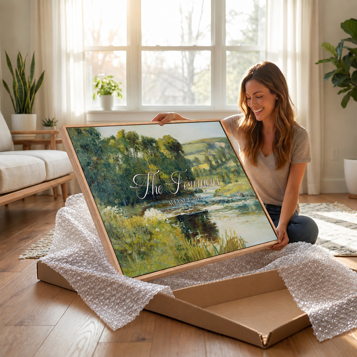 70450758-MCV-HS-36X24 - Wedding Easel Sign | Personalized Countryside Stream Vintage Canvas | Framed Welcome Sign for Ceremony