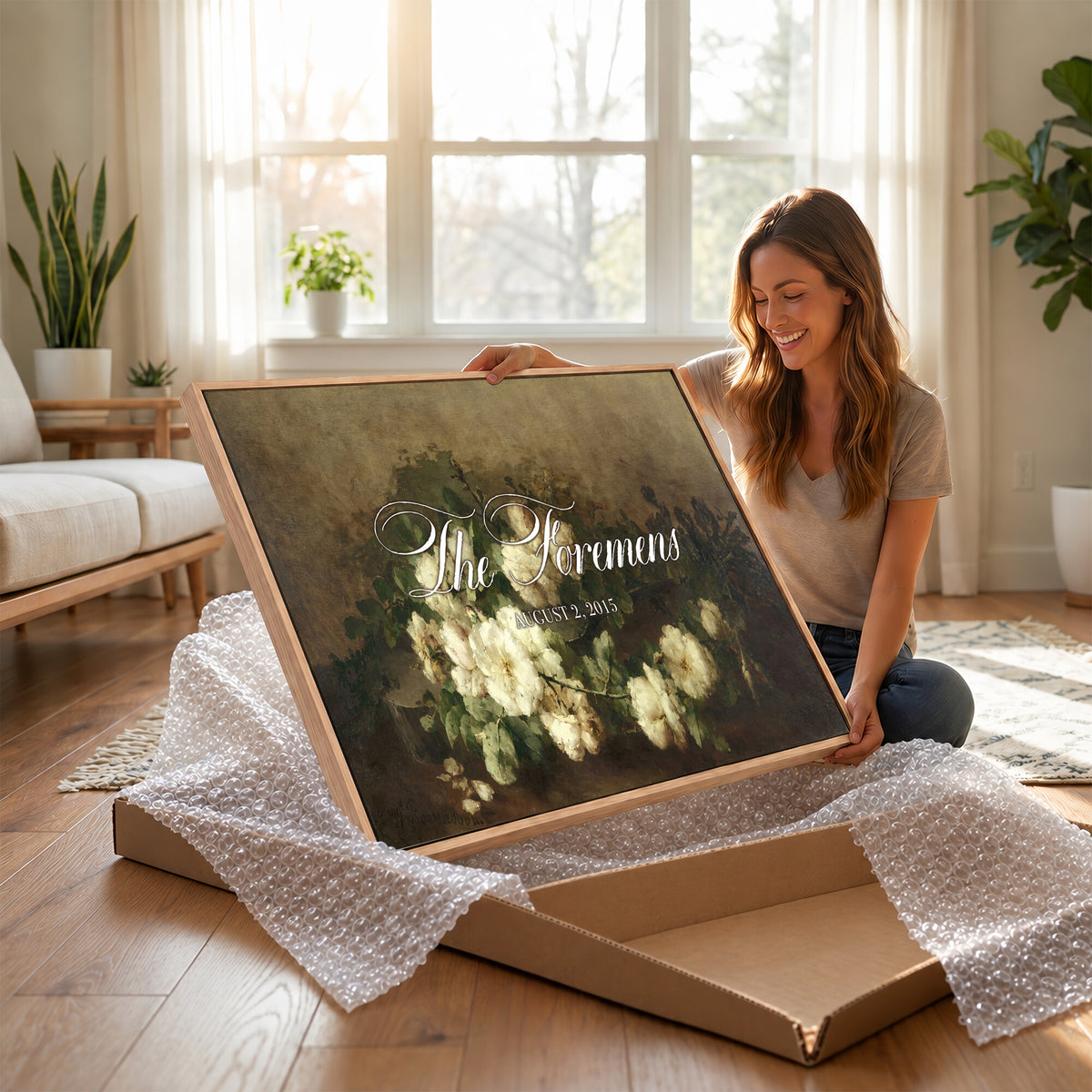 60065718-MCV-HS-36X24 - Wedding Easel Sign | Personalized White Peonies Vintage Canvas | Framed Welcome Sign for Ceremony