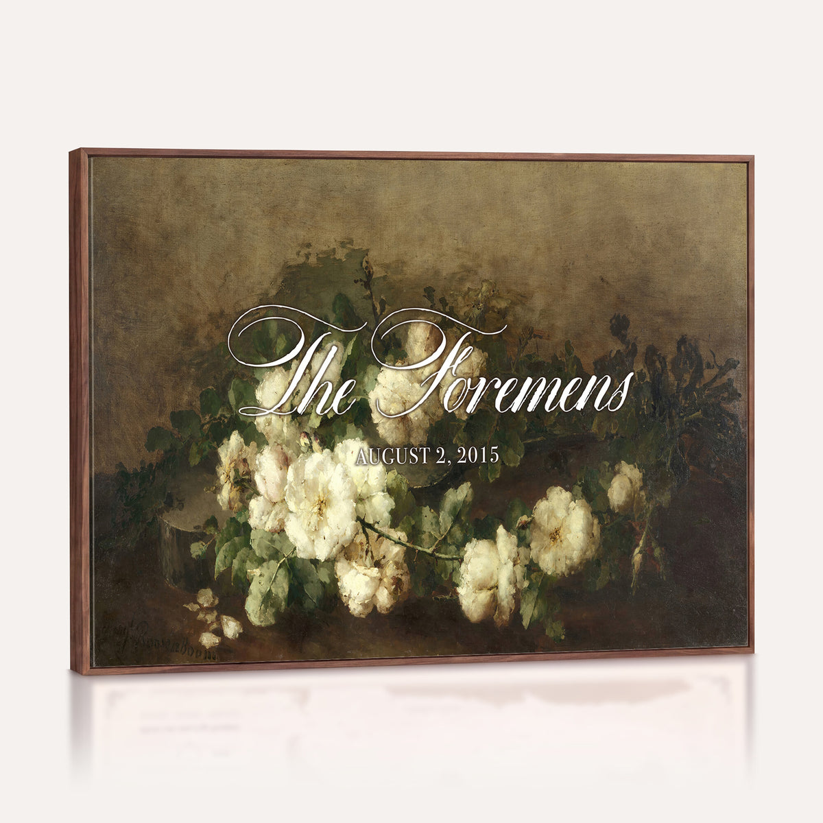 60065718-MCV-HS-36X24 - Wedding Easel Sign | Personalized White Peonies Vintage Canvas | Framed Welcome Sign for Ceremony
