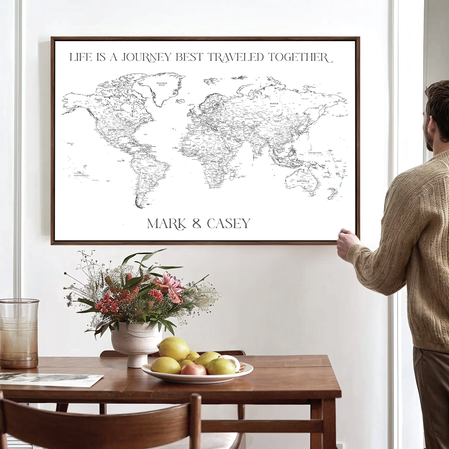 -Custom Push Pin World Map Print Personalized Canvas Wall Art Travel Memories Framed Gift for Couples for Home, Office